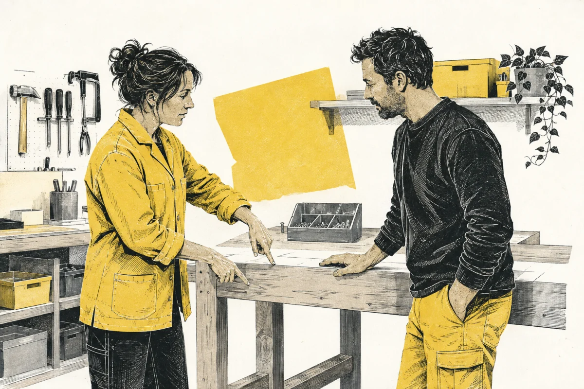 Deux collègues échangent sur l’aménagement d’un poste de travail dans un atelier.