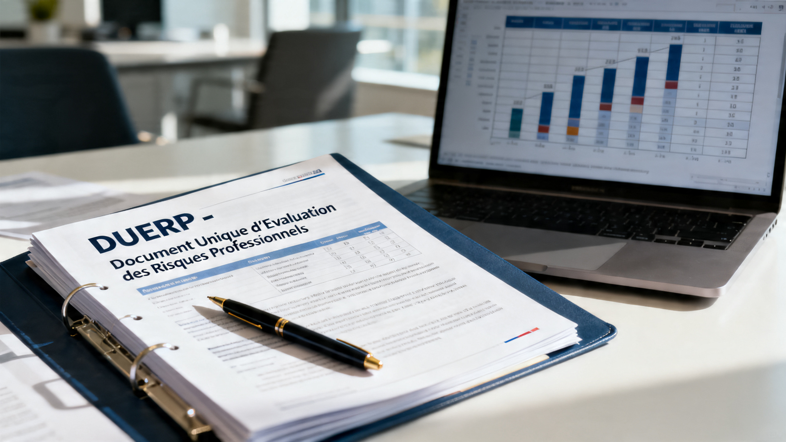 Bureau RH avec document DUERP ouvert et tableau d'analyse de risques