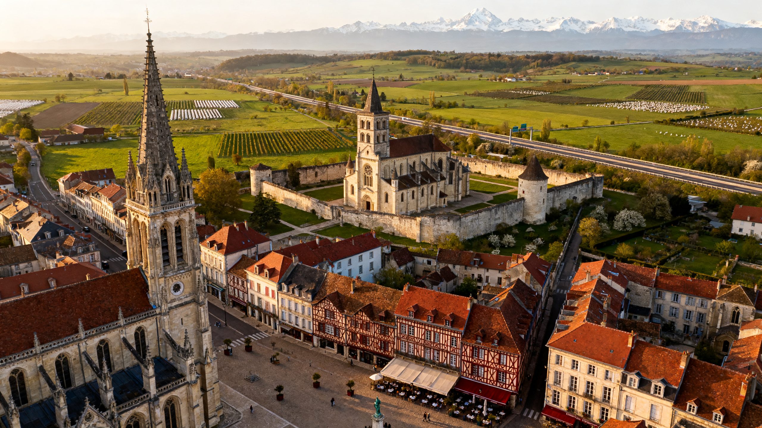 Vue aérienne de Bourg-en-Bresse, Ain, avec cathédrale Notre-Dame et monastère royal de Brou