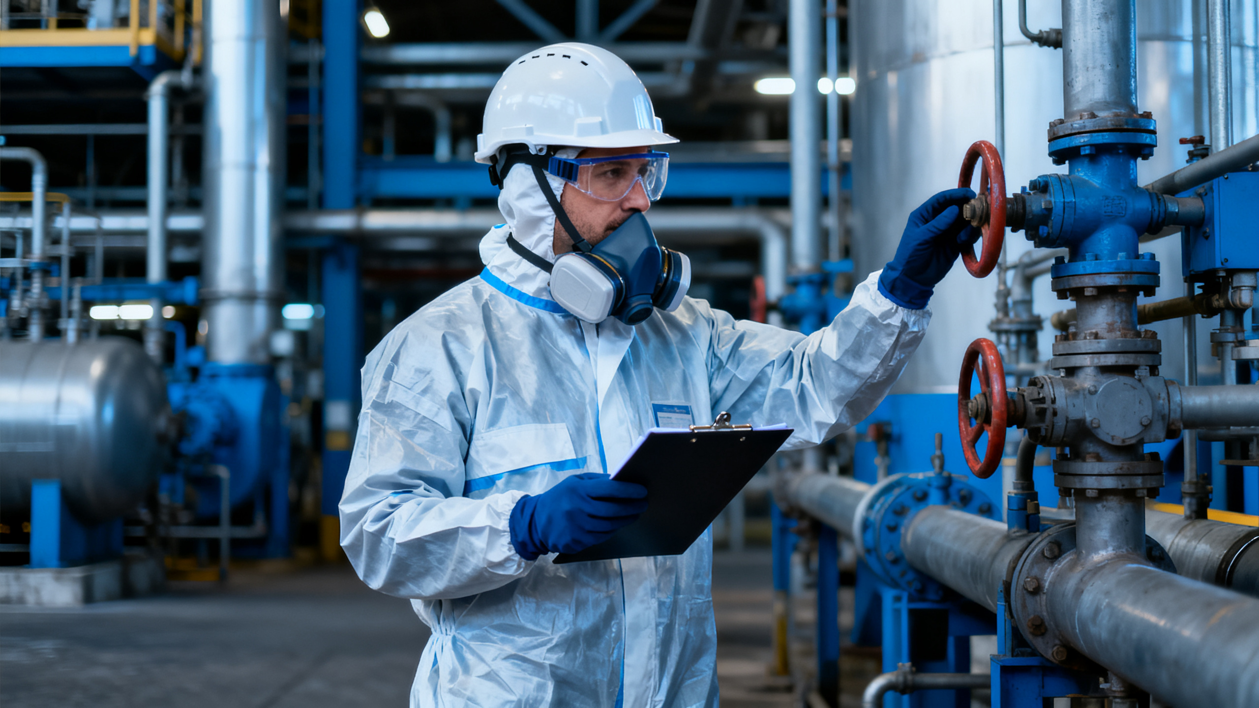 Ouvrier en équipement de protection individuelle dans une usine chimique à Échirolles, prévention des risques CMR isocyanates