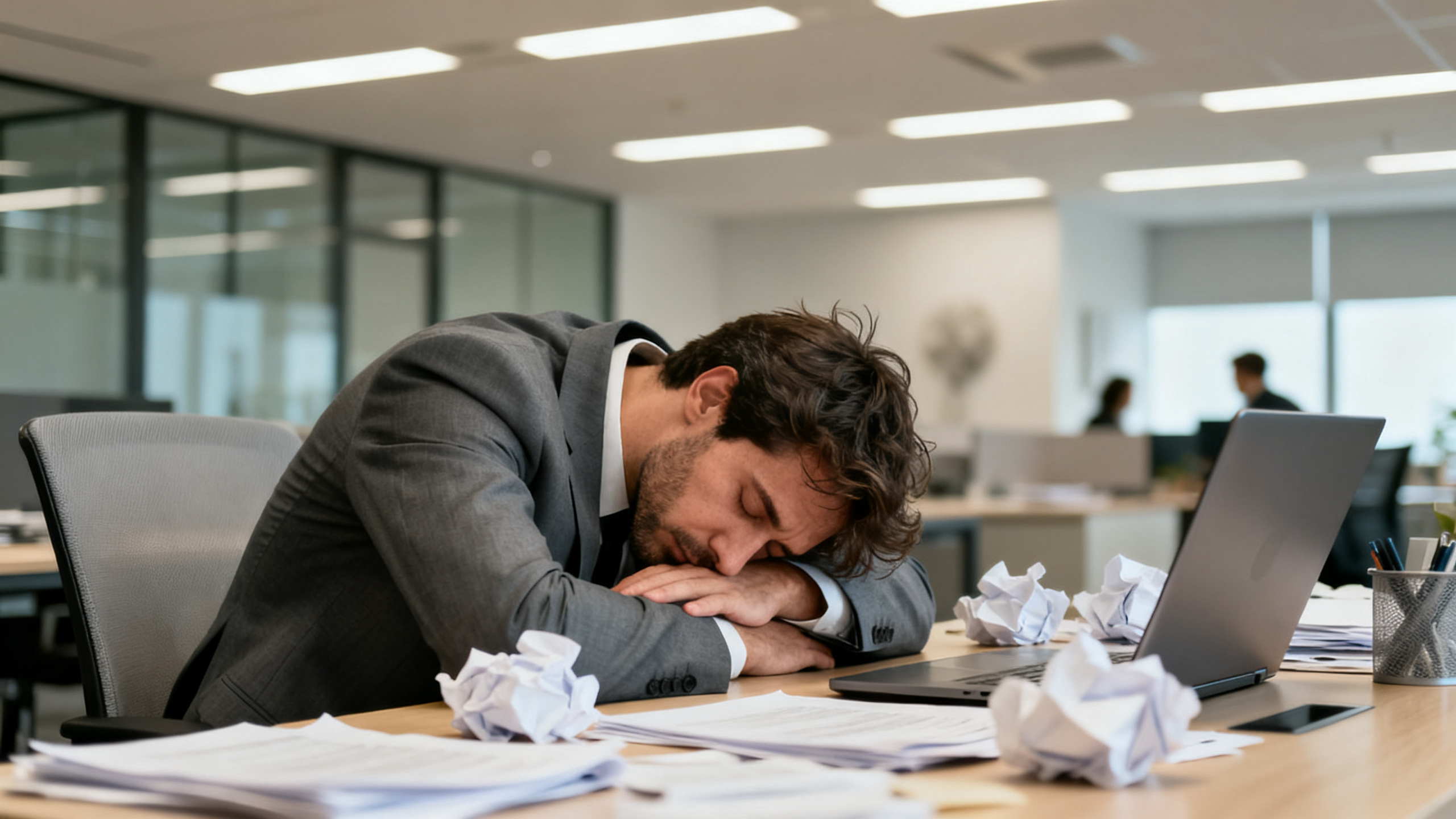 Salarié épuisé en burnout dans son bureau, tête dans les mains, épuisement professionnel