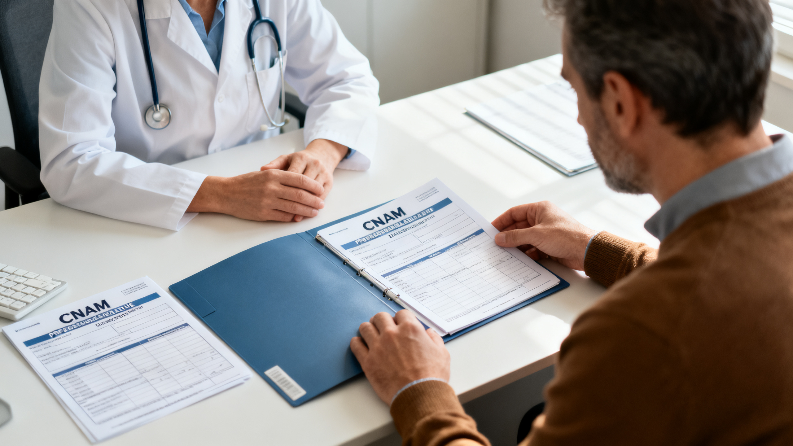 Médecin du travail consultant un dossier de maladie professionnelle avec un employeur