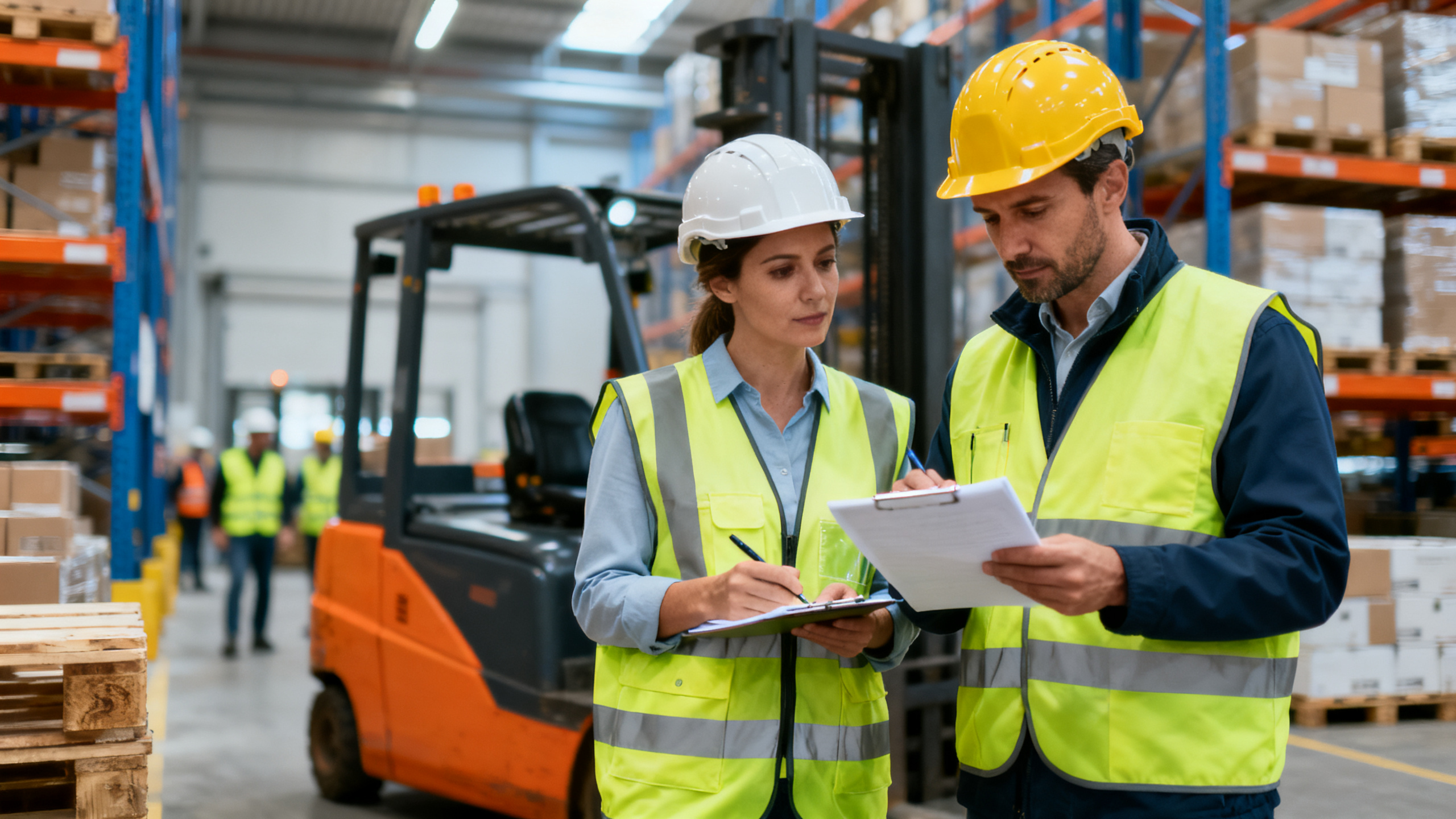 Prévention TMS et sécurité en logistique — Villeurbanne Métropole Lyon Travailleurs portant équipements de protection individuelle dans un entrepôt logistique de Villeurbanne