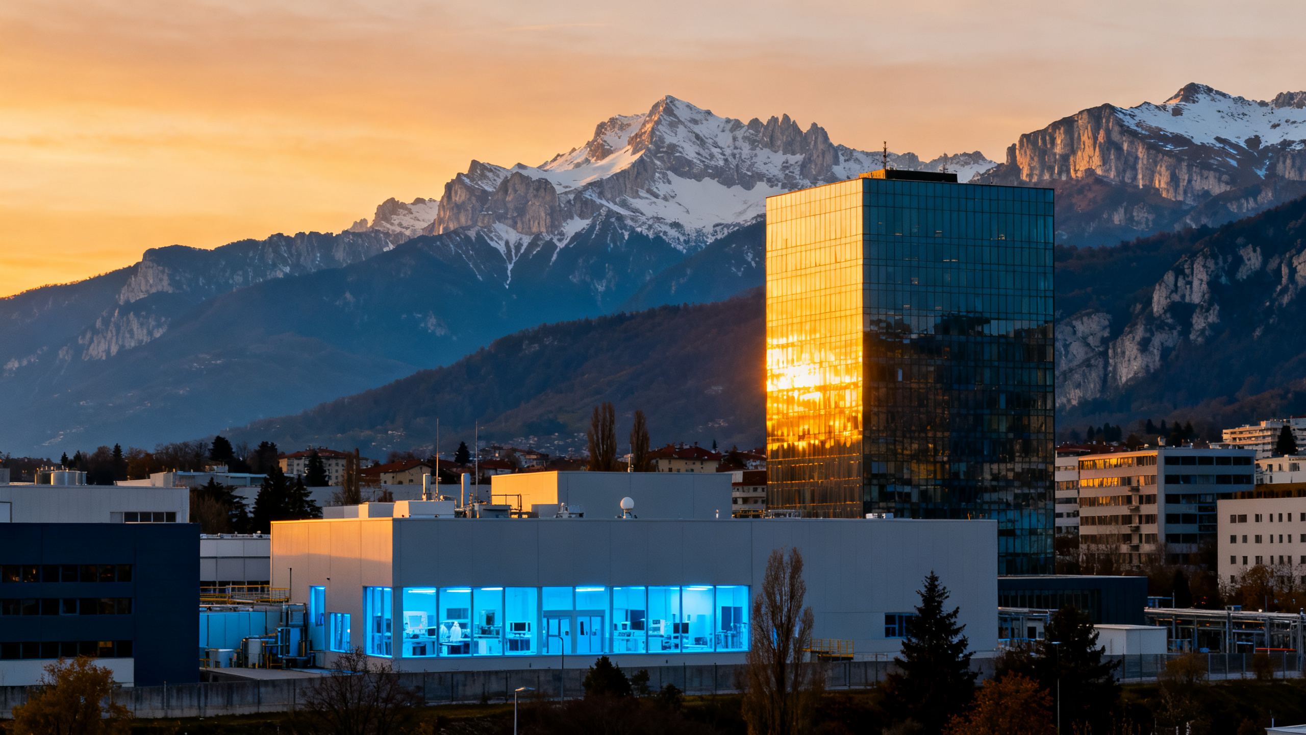 Vue panoramique de Grenoble avec campus R&D et chaînes de Belledonne en arrière-plan