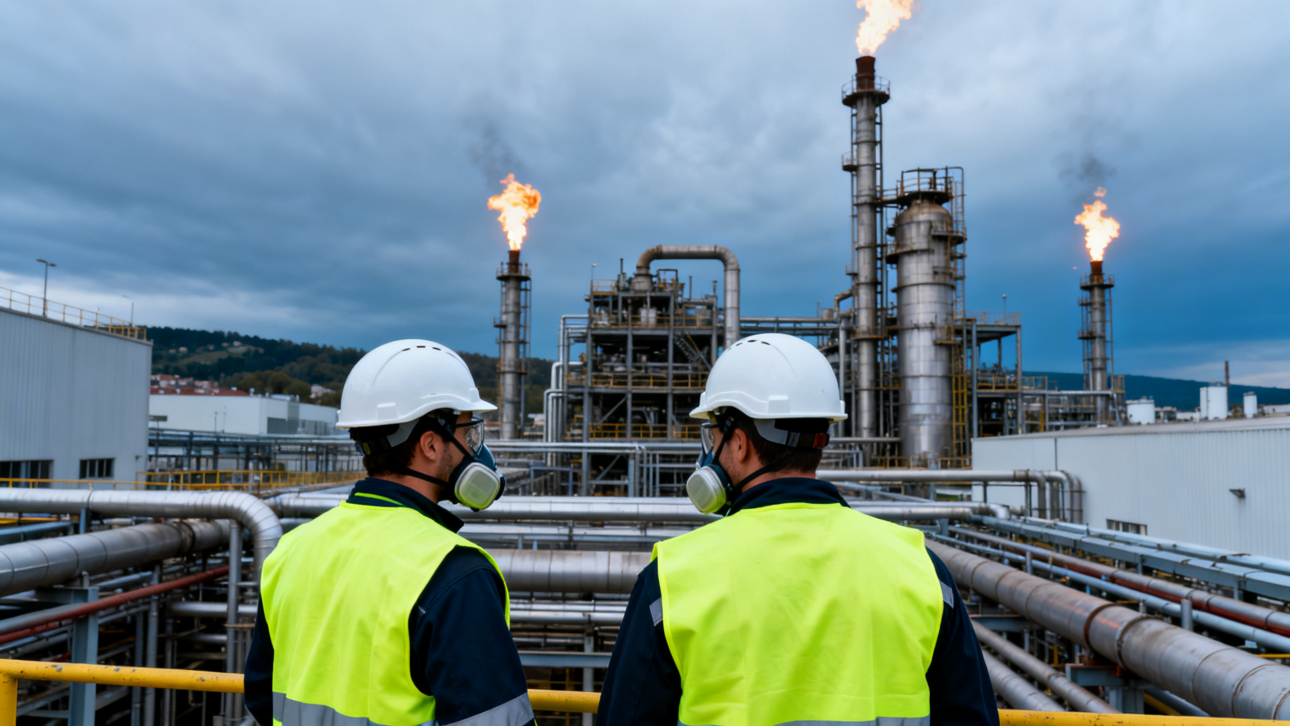 Site industriel SEVESO de la Vallée de la Chimie près de Lyon, ouvriers en EPI prévention risques chimiques