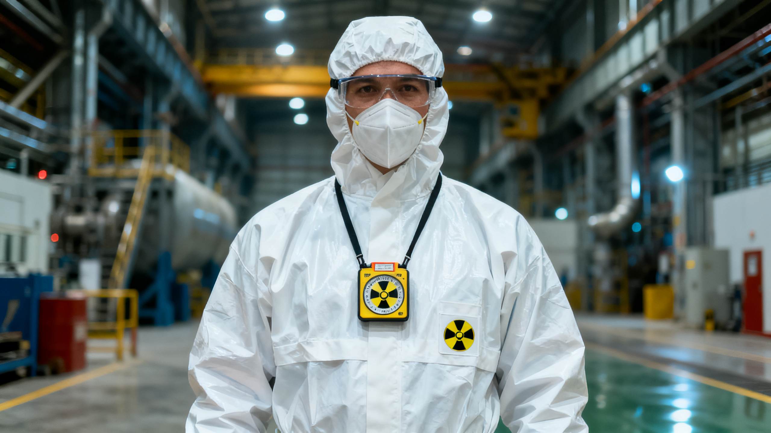Opérateur industrie nucléaire en tenue de protection EPI dosimètre, Montélimar Drôme 26