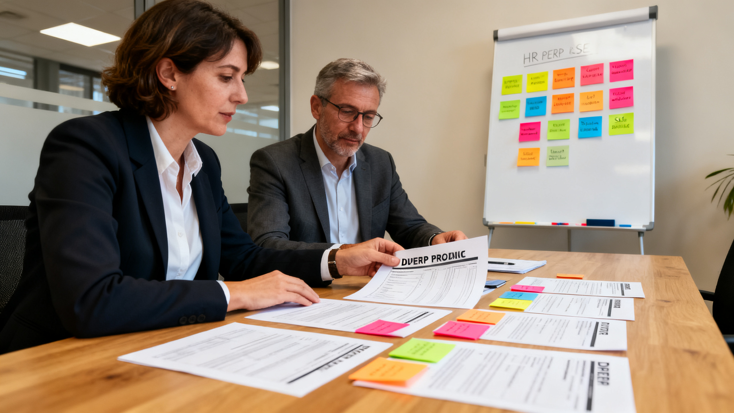 DRH et responsable HSE en réunion avec documents DUERP dans une PME de plasturgie