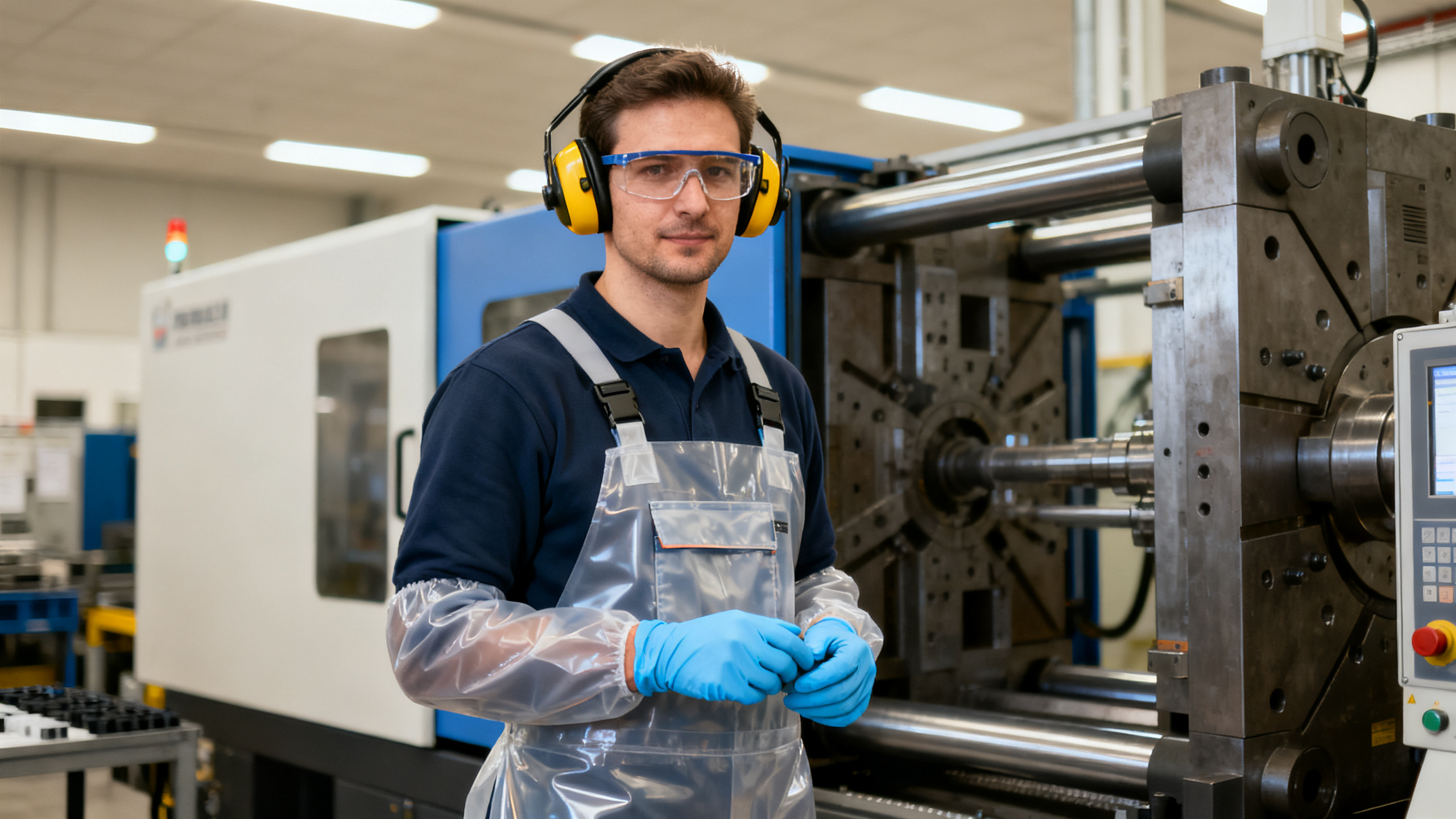 Opérateur presse injection plasturgie avec équipements de protection individuelle complets