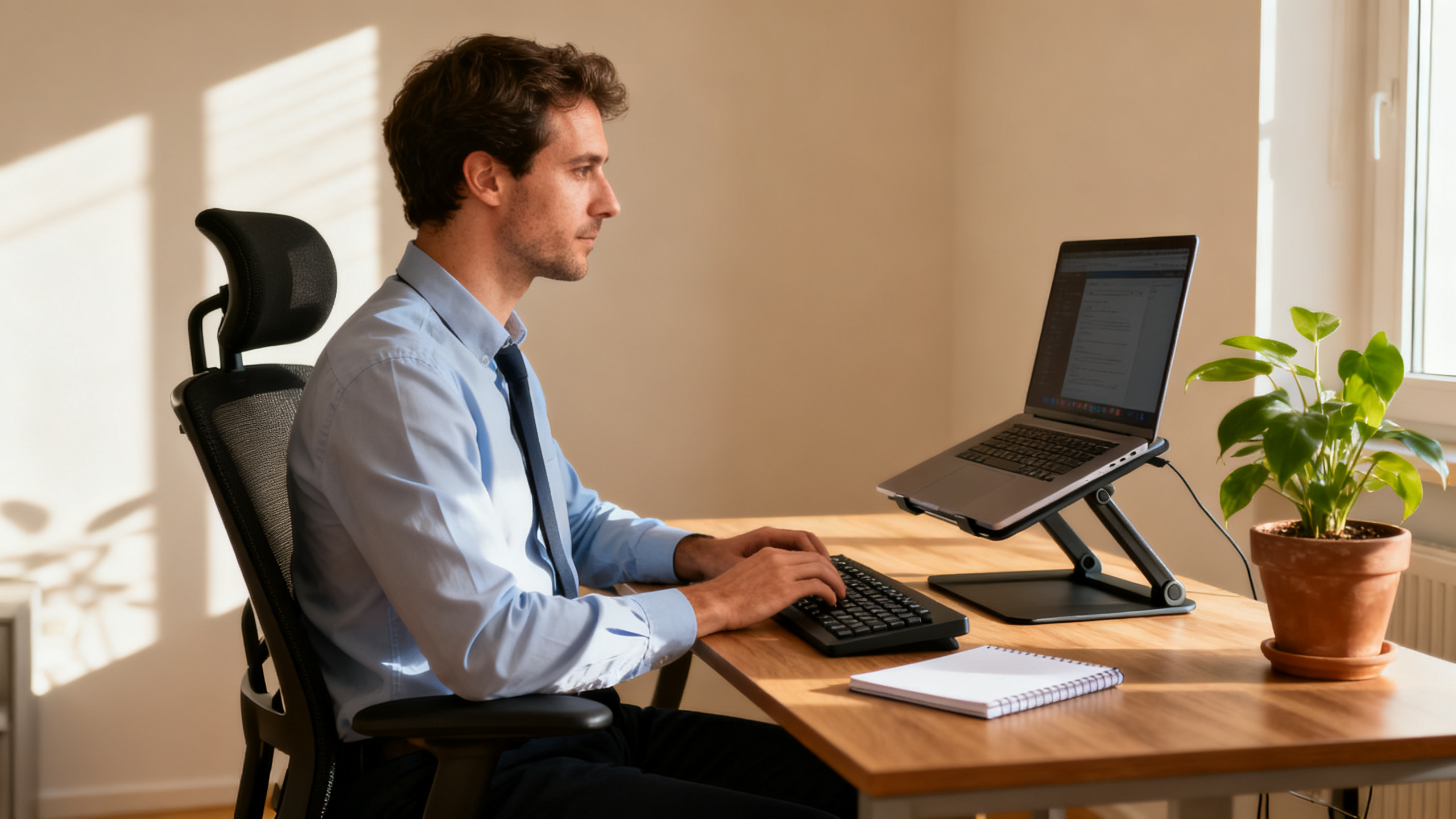 Salarié en télétravail avec poste ergonomique à domicile - prévention TMS santé au travail
