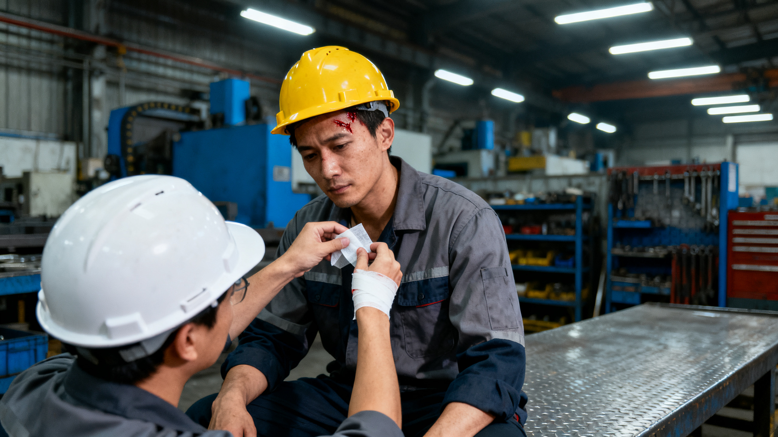 Salarié avec blessure légère assisté par un collègue dans une usine française — déclaration accident du travail