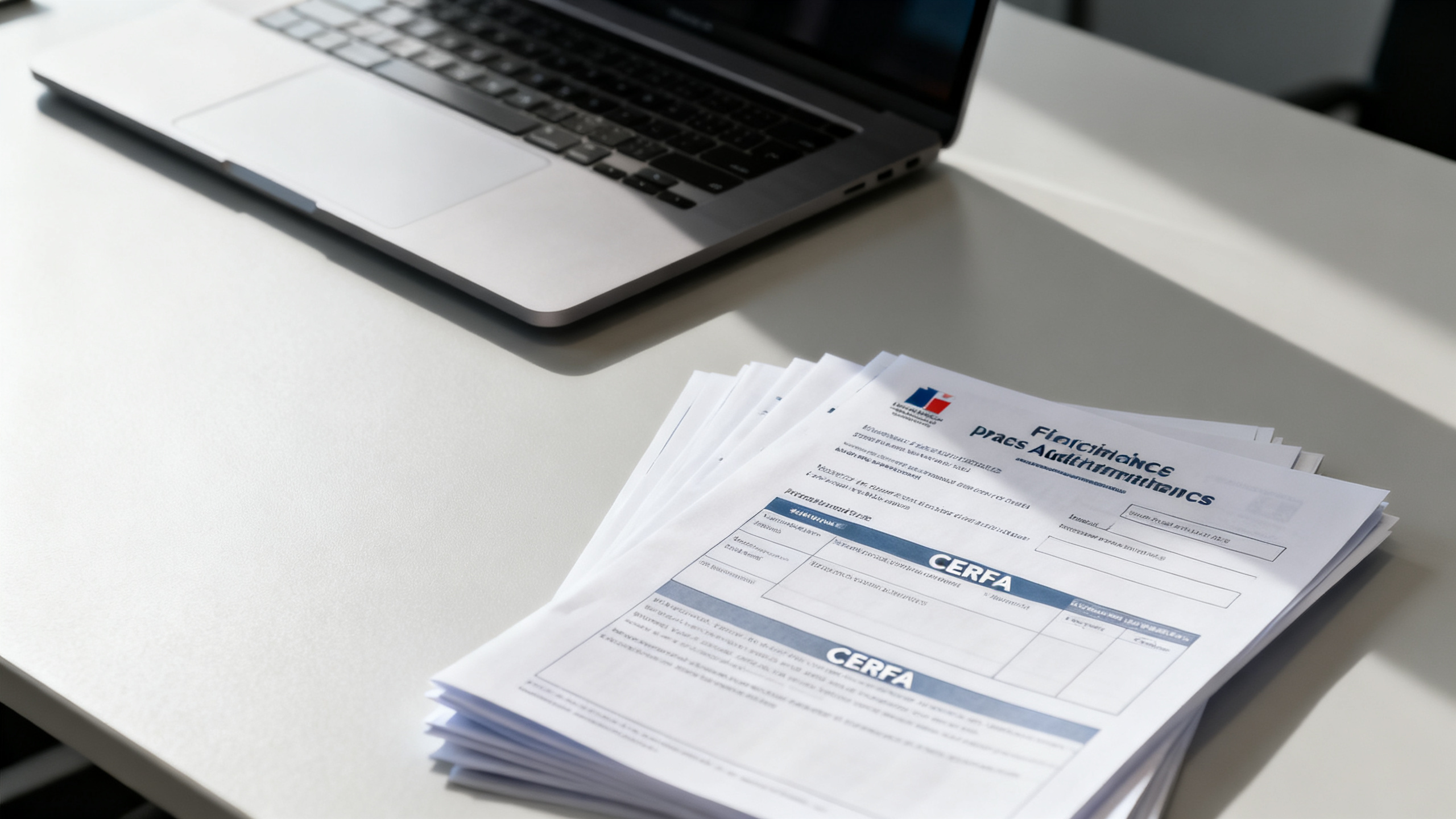 Documents administratifs officiels et formulaires Cerfa sur bureau — déclaration accident du travail procédure employeur
