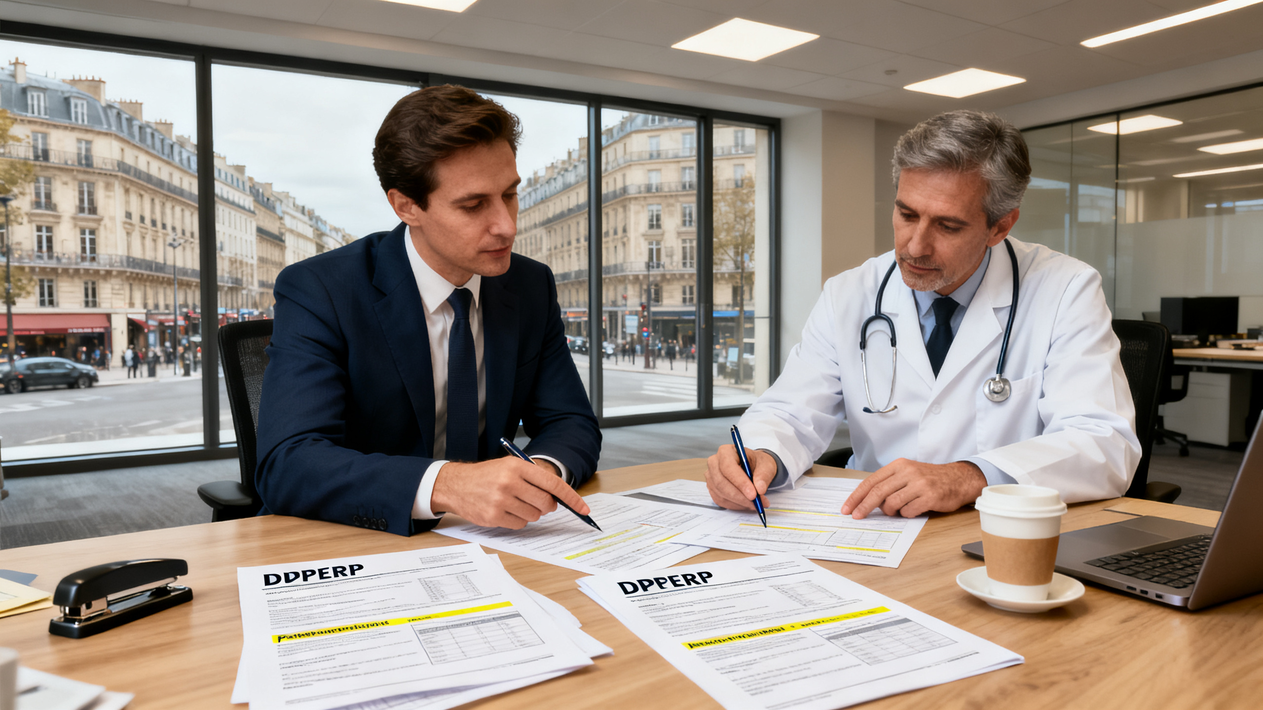 Prévention TMS au travail — DRH et médecin du travail révisant le DUERP