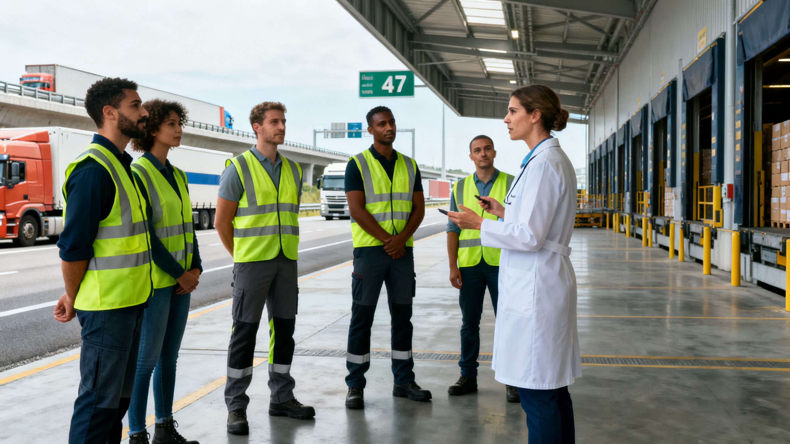 Briefing sécurité dans une plateforme logistique près de la gare TGV Valence — équipe transport et entrepôt