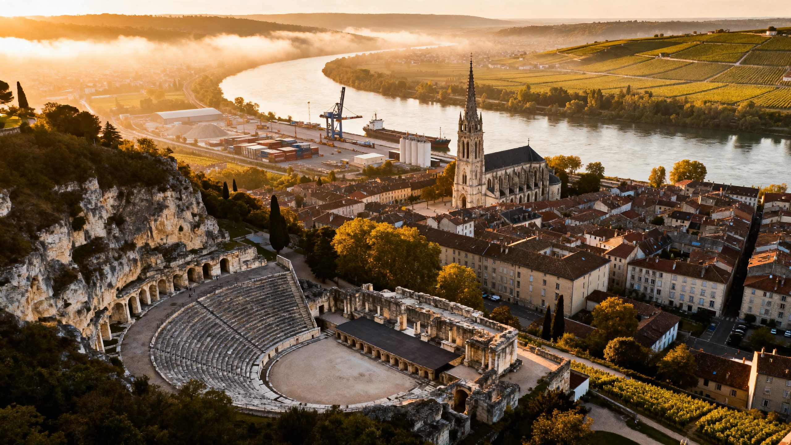 Vue panoramique de Vienne (Isère) avec le théâtre antique romain au lever du jour, cathédrale Saint-Maurice et le Rhône