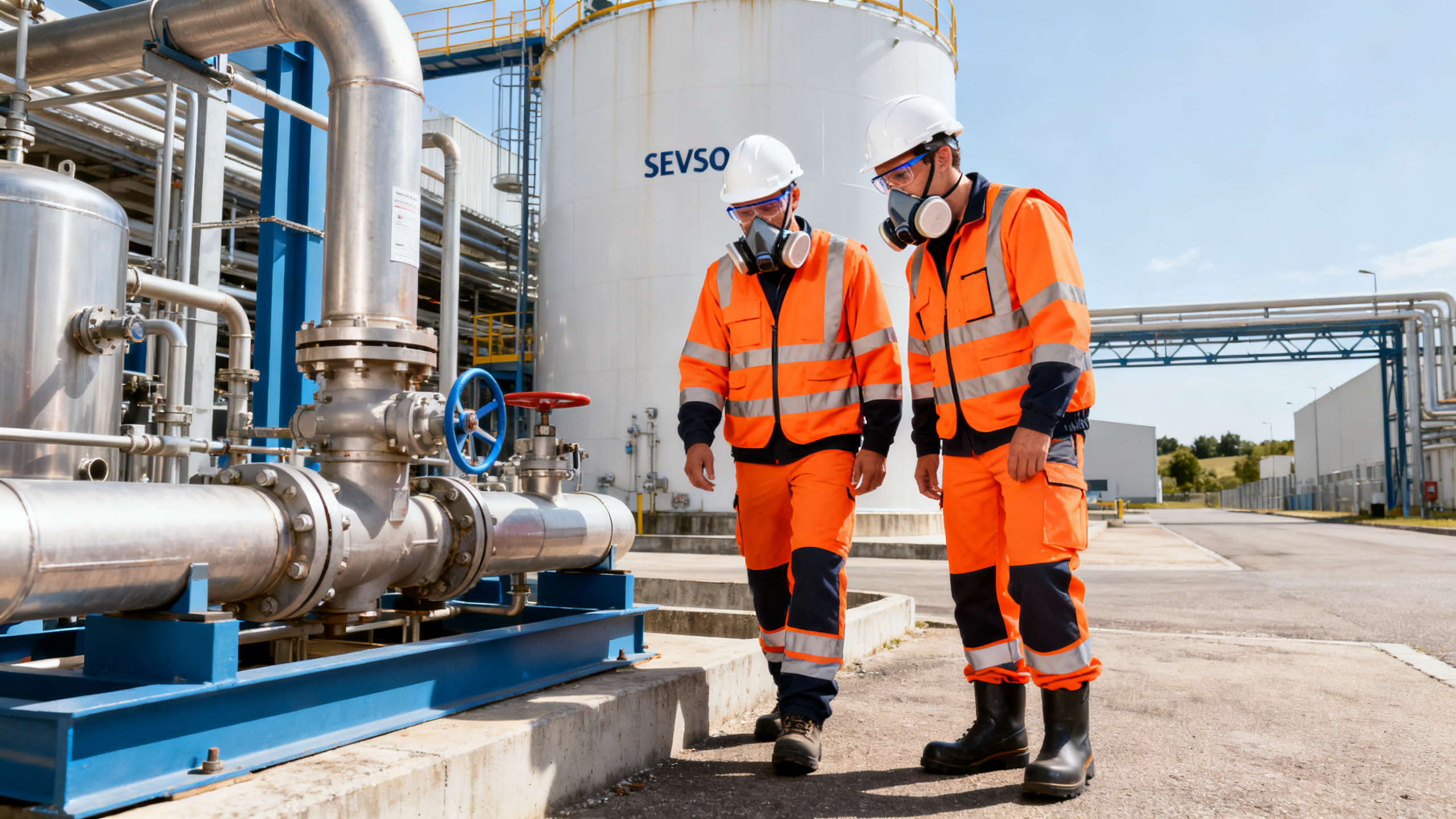 Travailleurs en EPI complets sur site industriel SEVESO de la Vallée du Rhône près de Vienne (Chasse-sur-Rhône)