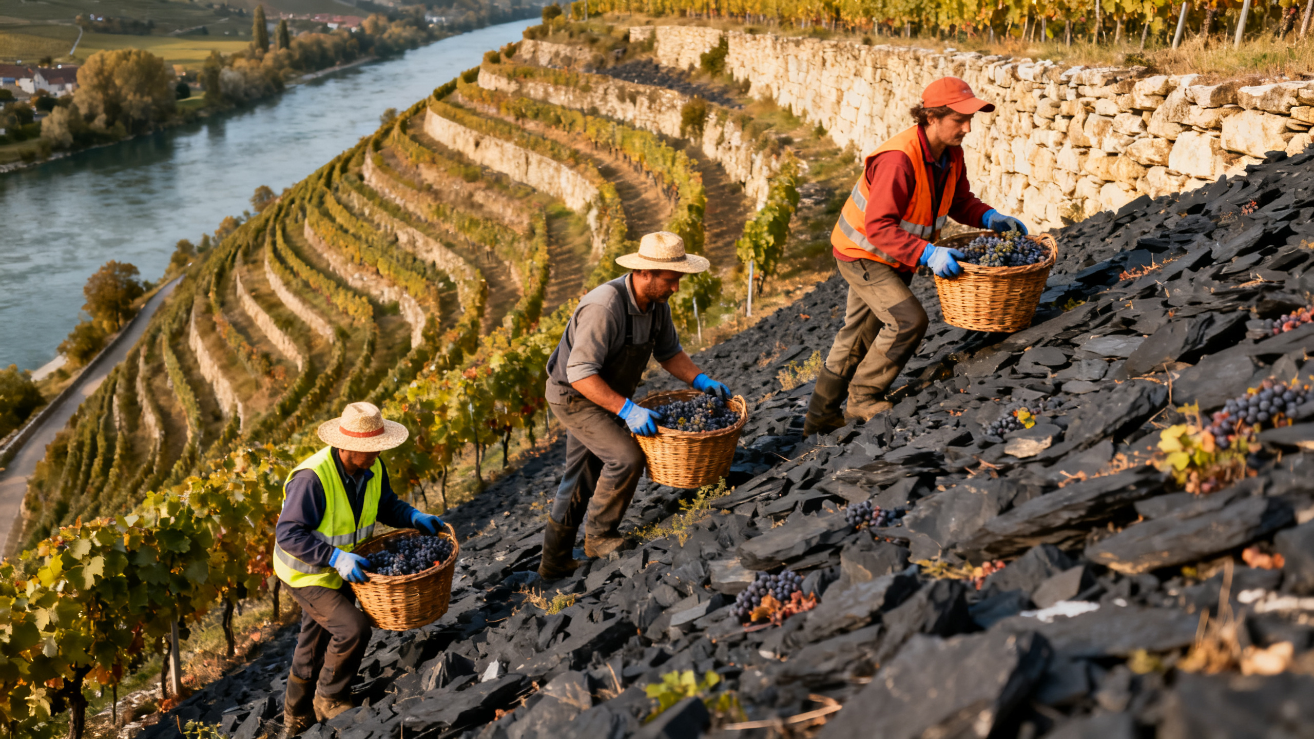 Saisonniers vendangeurs sur les coteaux en terrasses de Côte-Rôtie au-dessus du Rhône (Ampuis), équipés de chapeaux de soleil et gants de protection