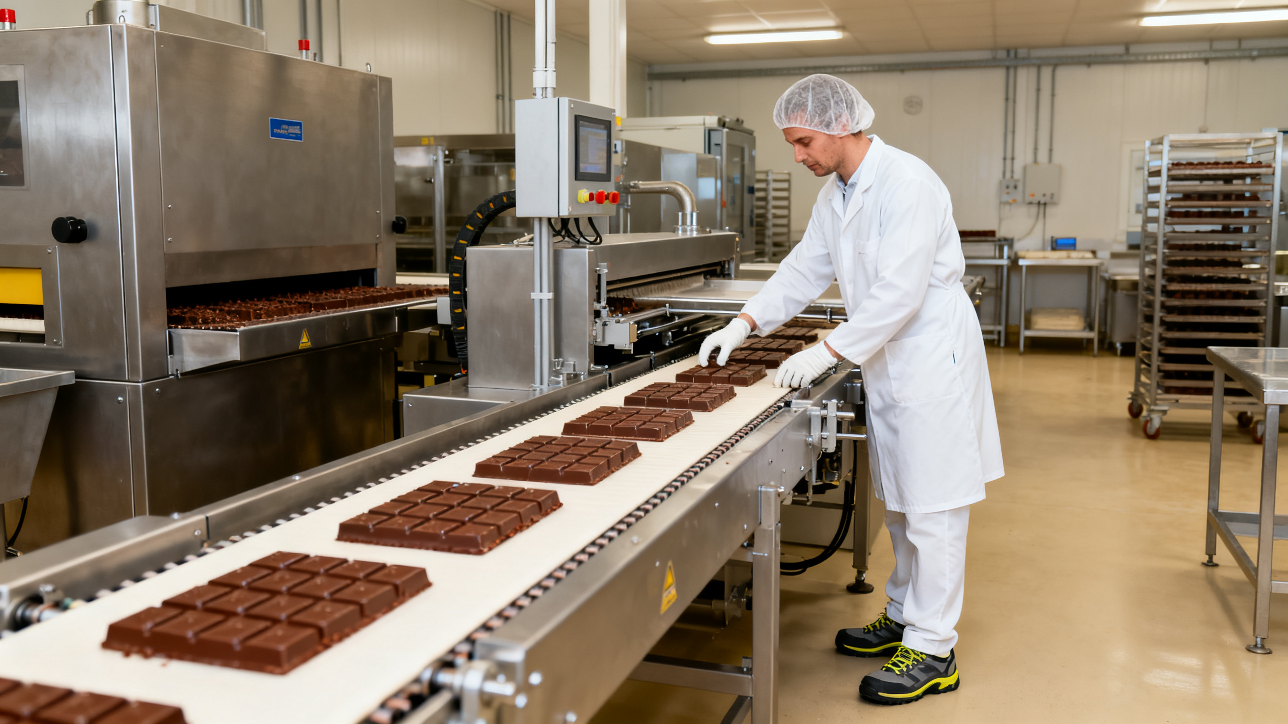 Opératrice agroalimentaire en tenue d hygiène sur ligne de conditionnement de chocolat à Voiron Isère