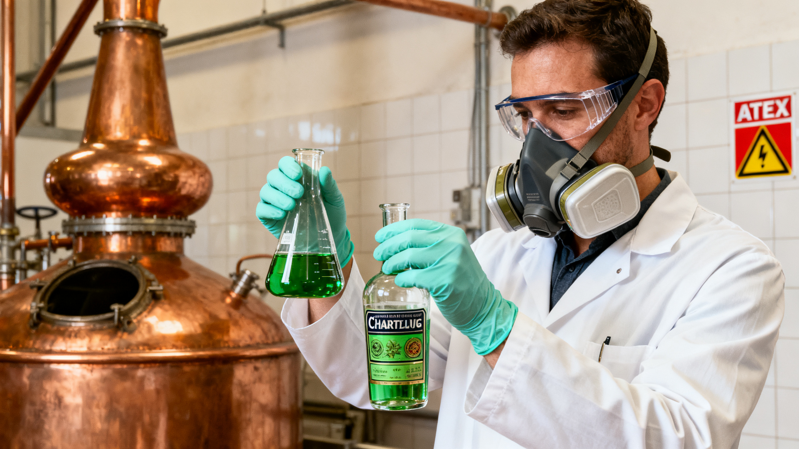 Technicienne distillerie Voiron en laboratoire avec EPI lunettes gants masque manipulant des produits chimiques sous signalisation ATEX