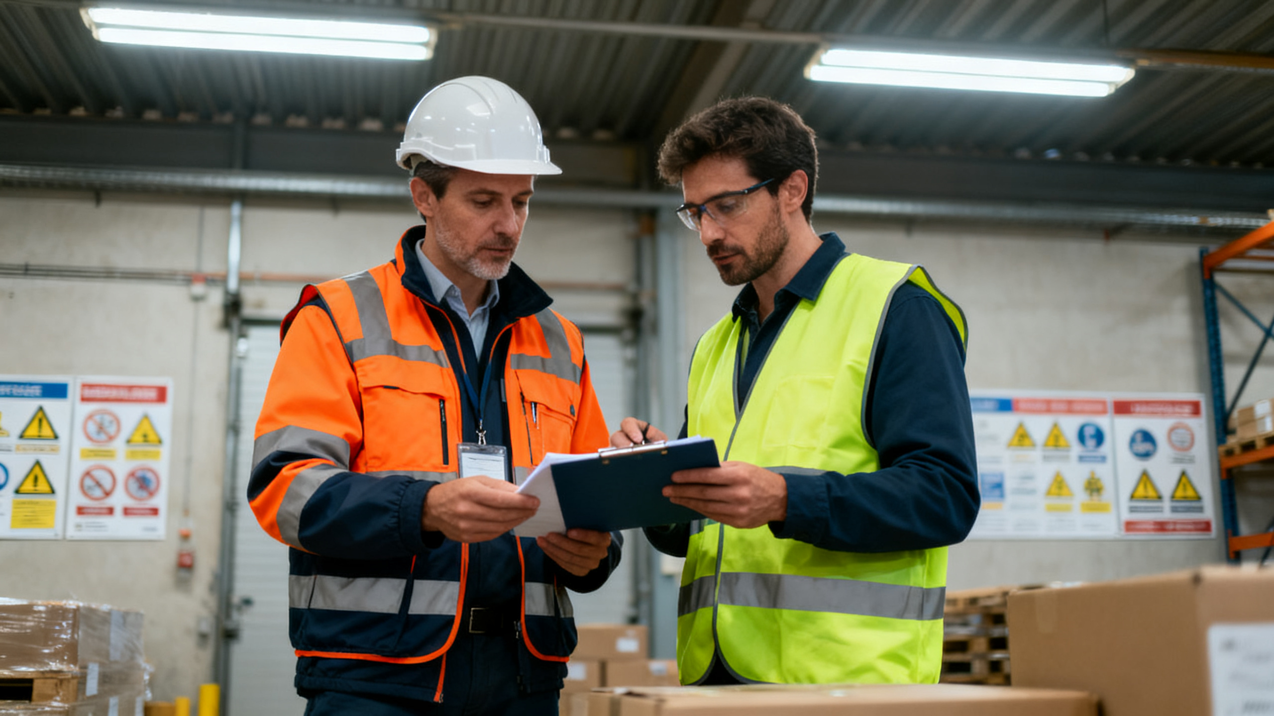 Inspection de sécurité co-activité en entrepôt industriel, deux travailleurs équipés EPI
