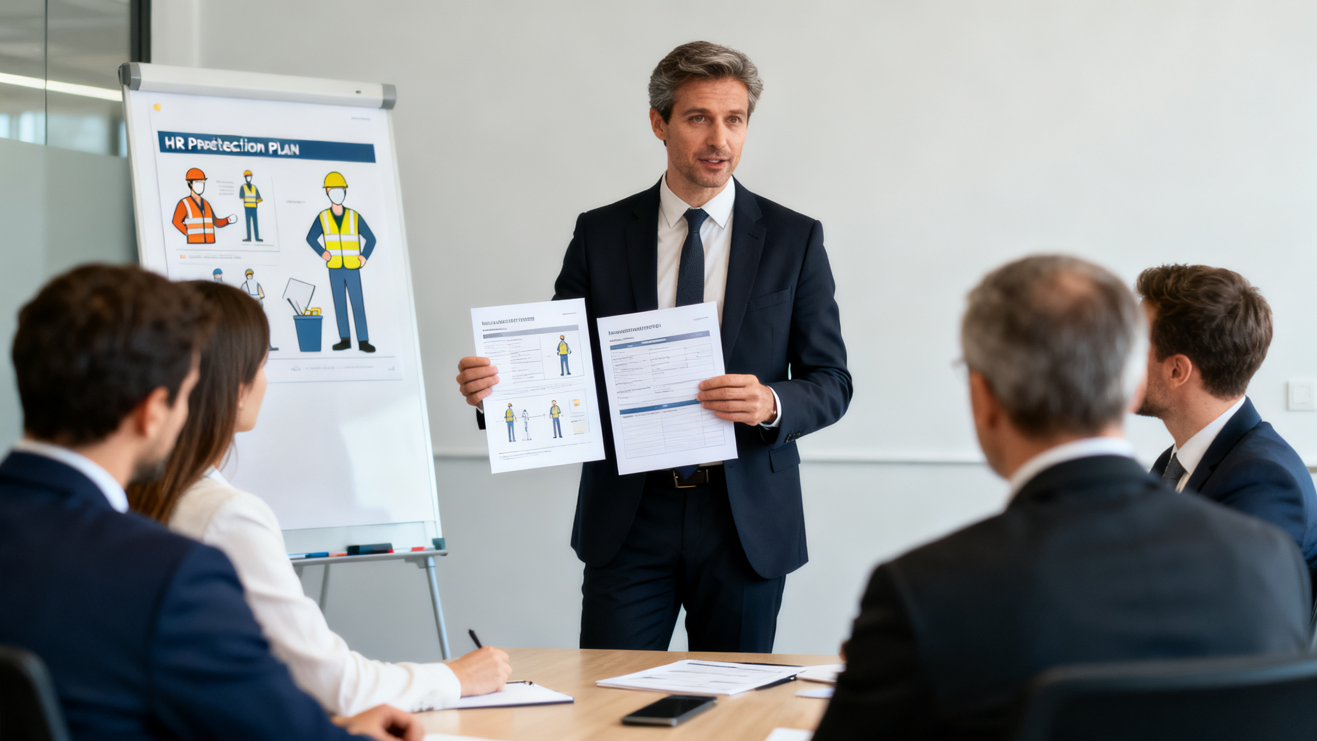 Responsable HSE présentant le plan de prévention aux équipes en salle de réunion