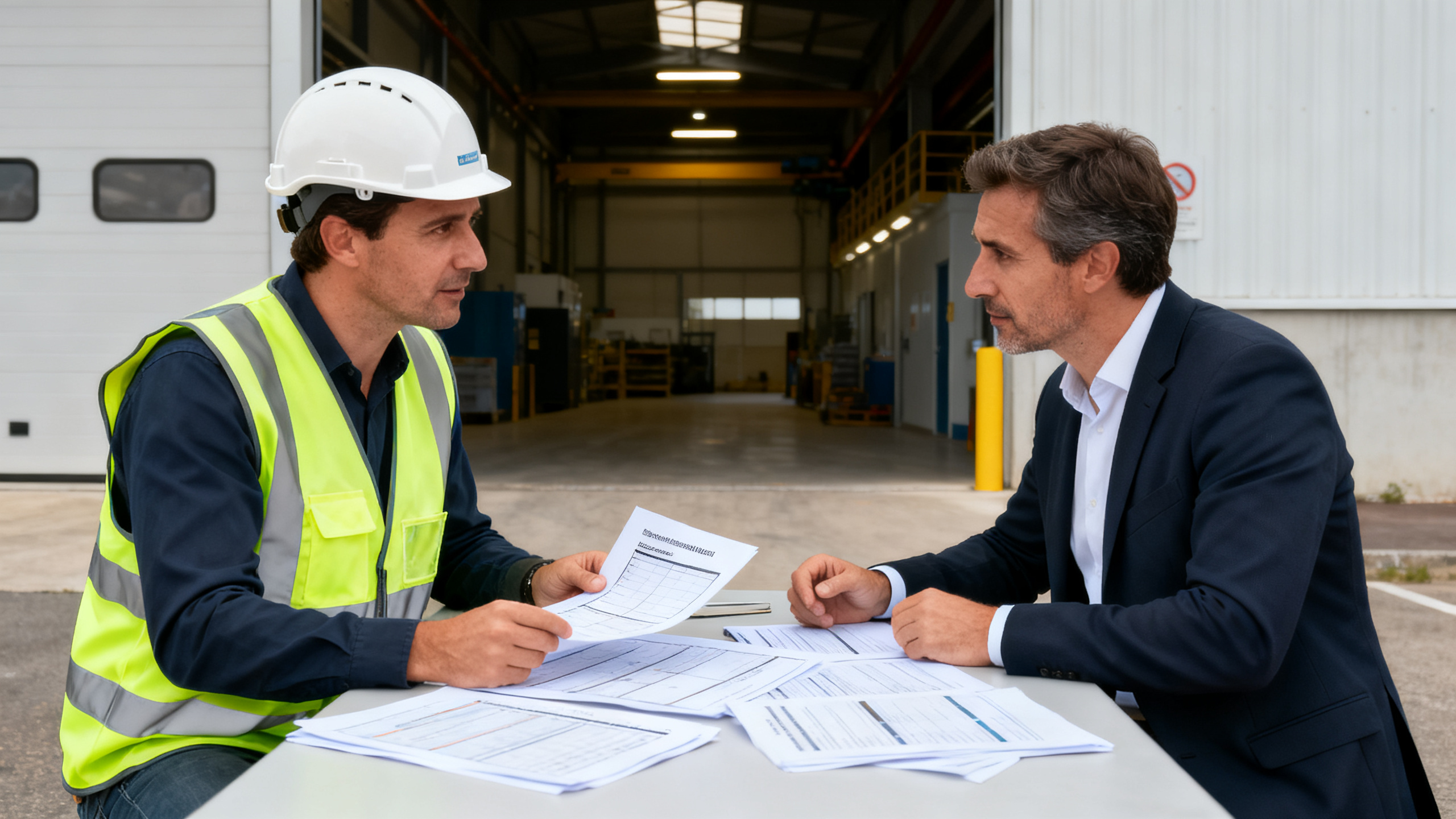 Coordinateur sécurité et chef entreprise extérieure révisant le plan de prévention co-activité