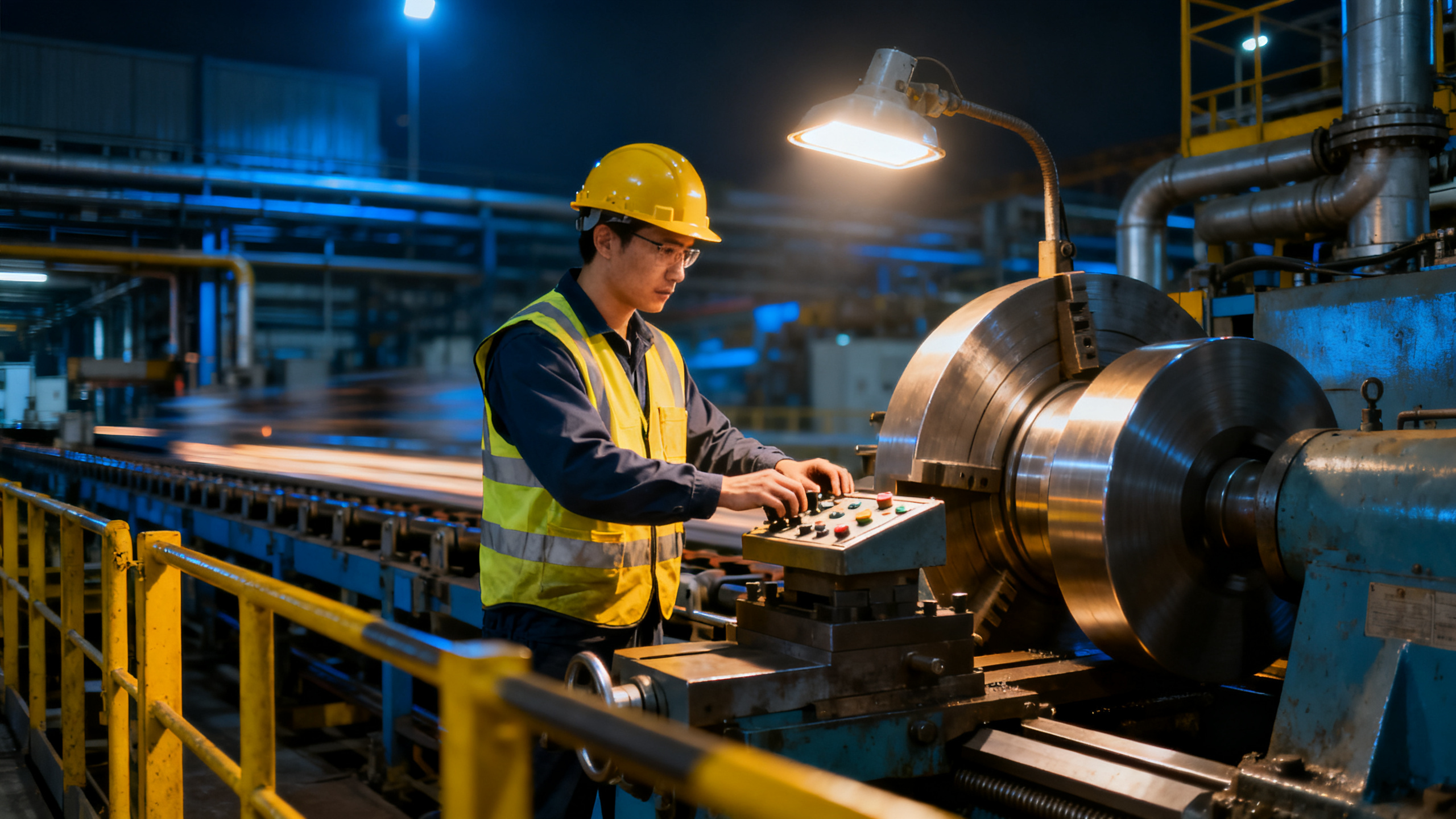 Travailleur de nuit en usine avec équipement de protection individuelle