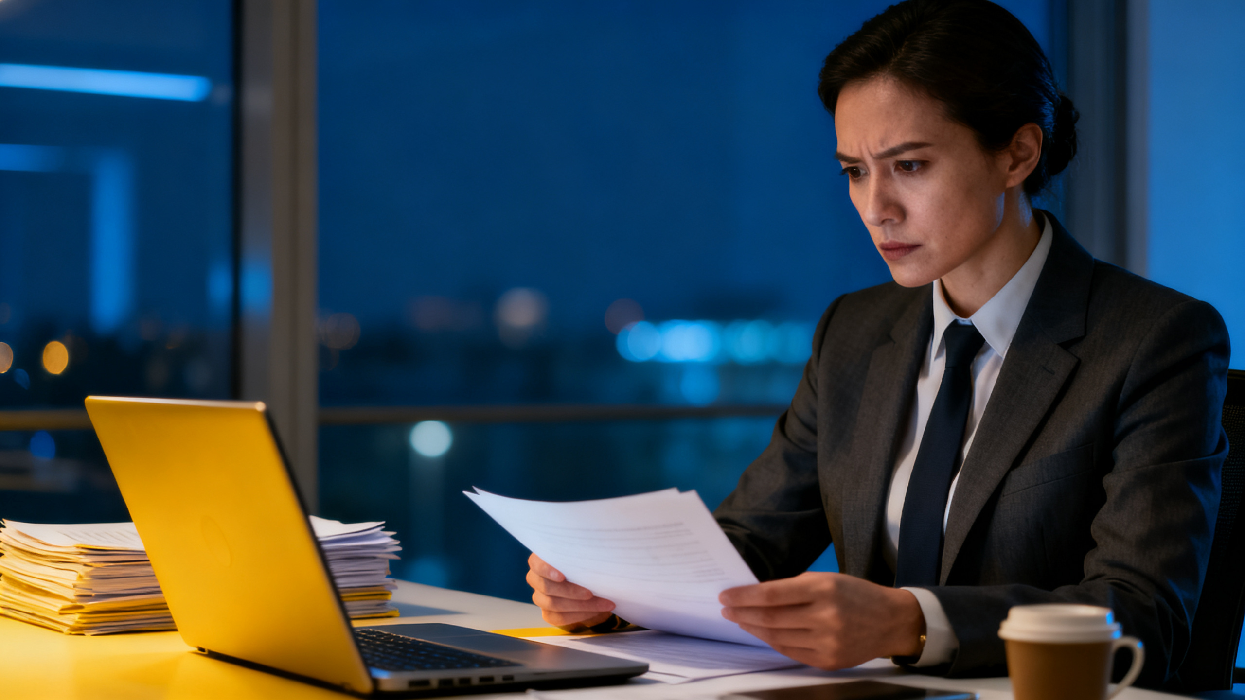 Responsable RH en bureau la nuit révisant les obligations légales du travail de nuit