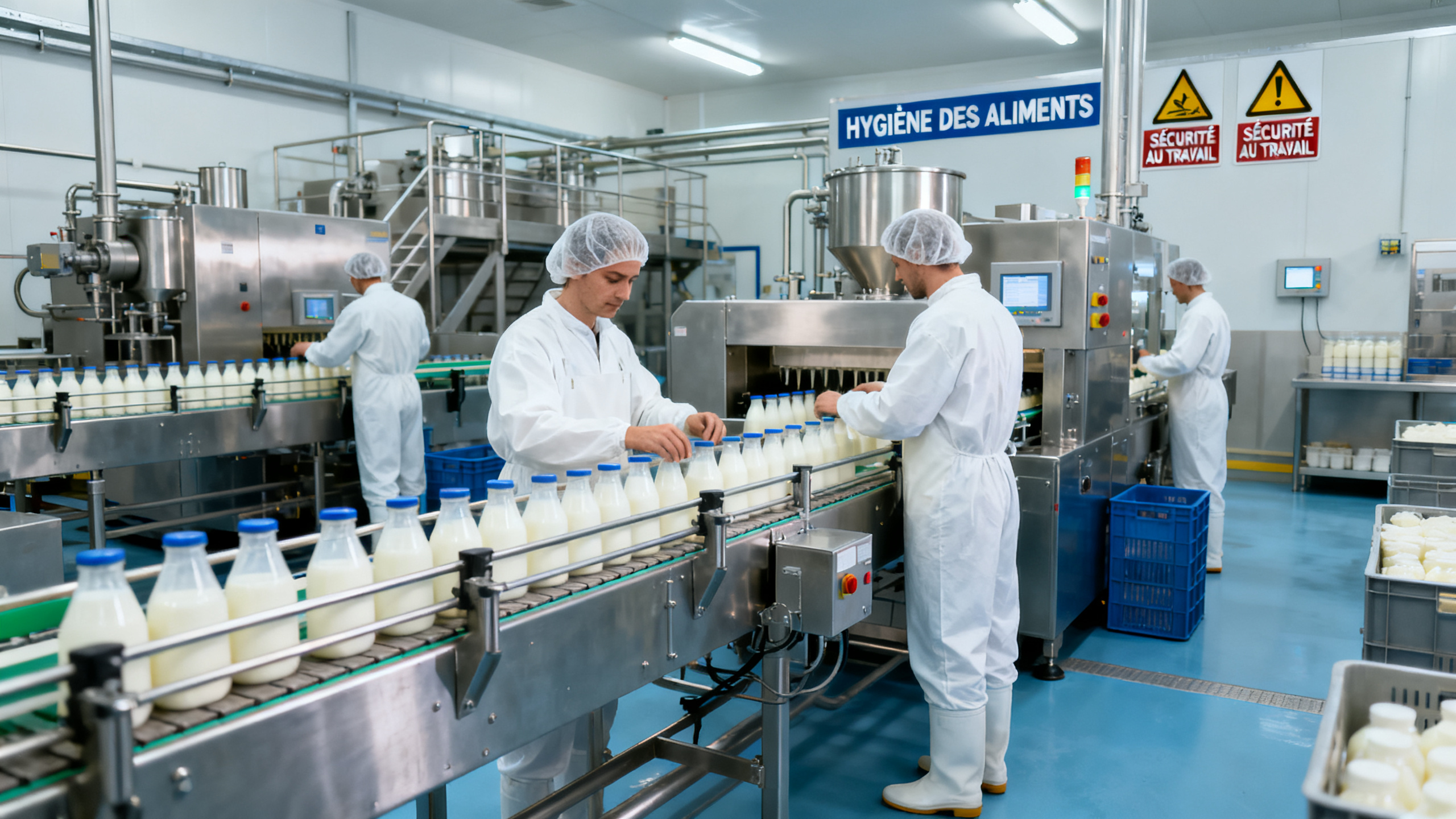 Ligne de conditionnement en usine agroalimentaire mayennaise avec opérateurs en EPI blancs et équipements de sécurité