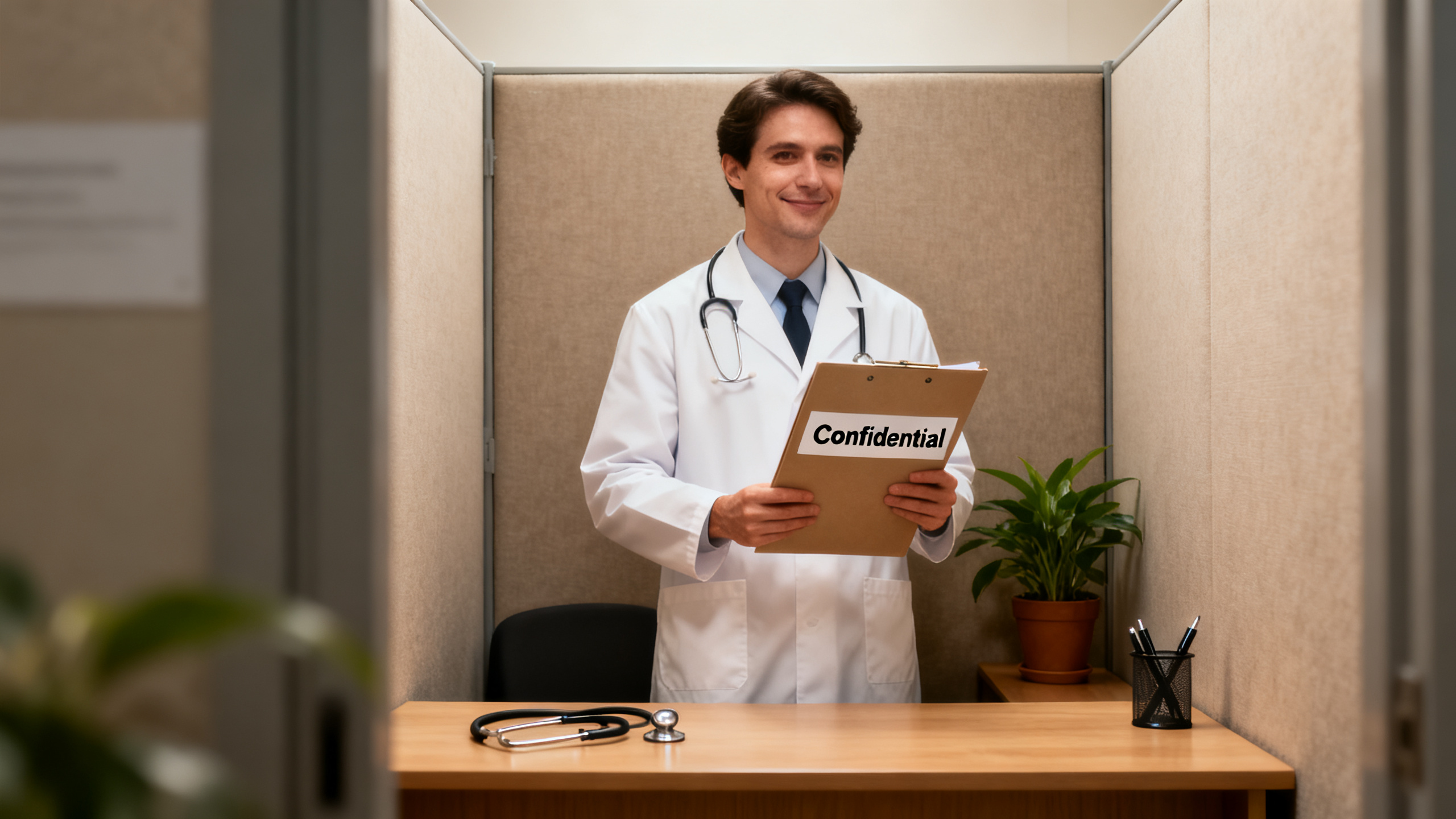 Médecin du travail consultant un dossier médical confidentiel en cabinet