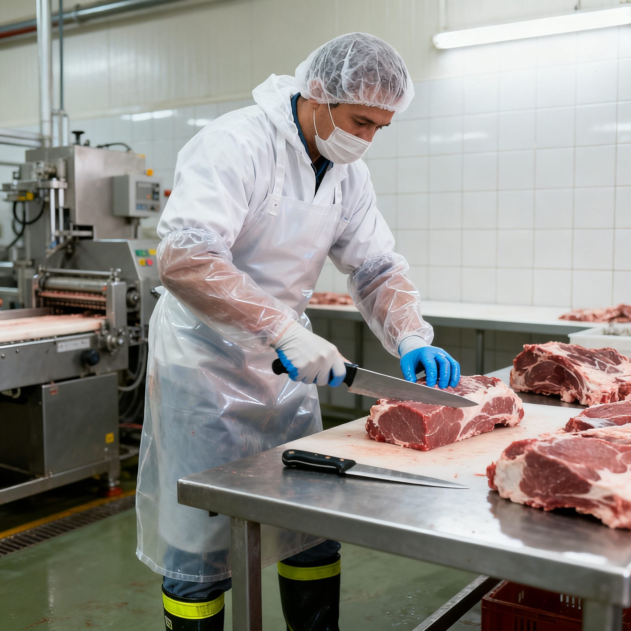 Ouvrier en abattoir portant des EPI — prévention risques biologiques et TMS filière agroalimentaire Pontivy Morbihan