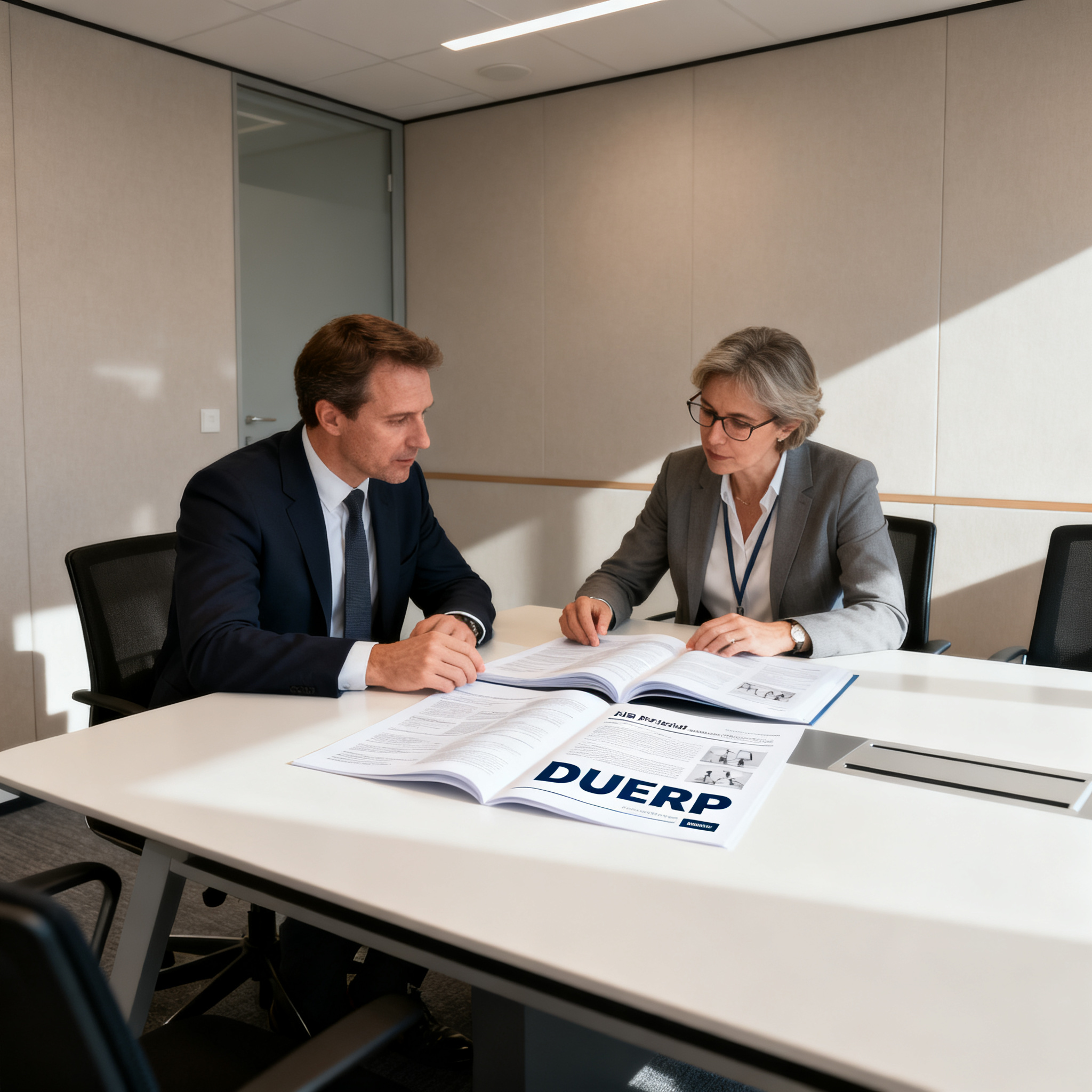 Responsable RH et conseiller SST en réunion à Pontivy, examen du DUERP et plan de prévention
