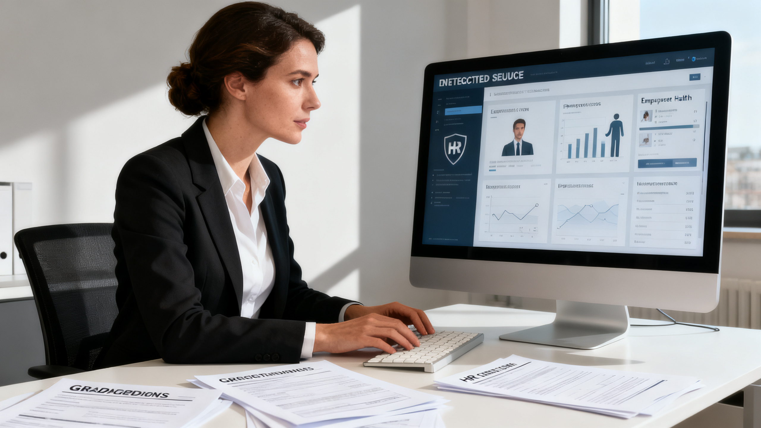 Directrice RH consultant des données de santé sur écran sécurisé RGPD