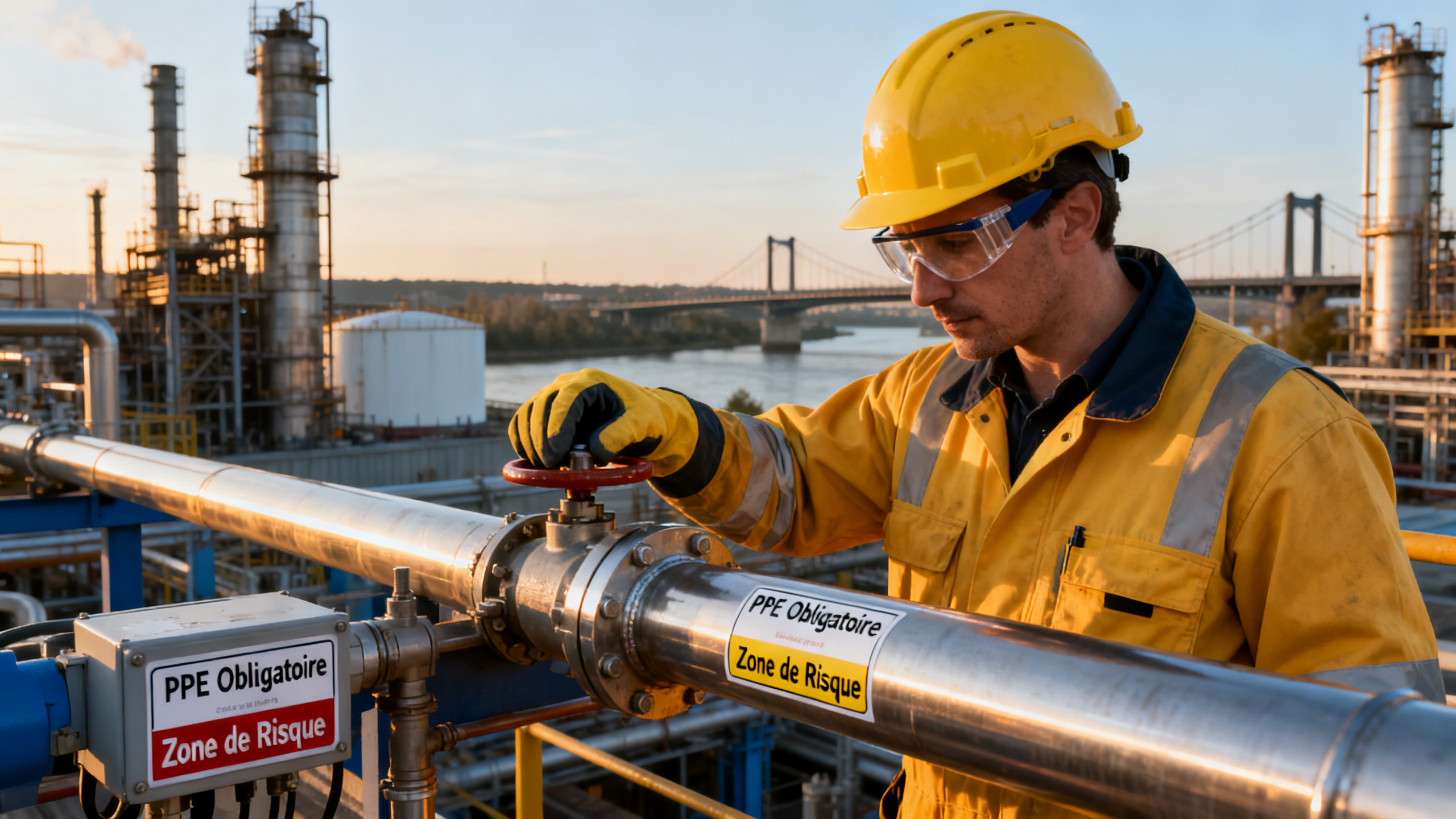 Ouvrier équipé EPI dans installation pétrochimique vallée de la Seine — prévention risques chimiques