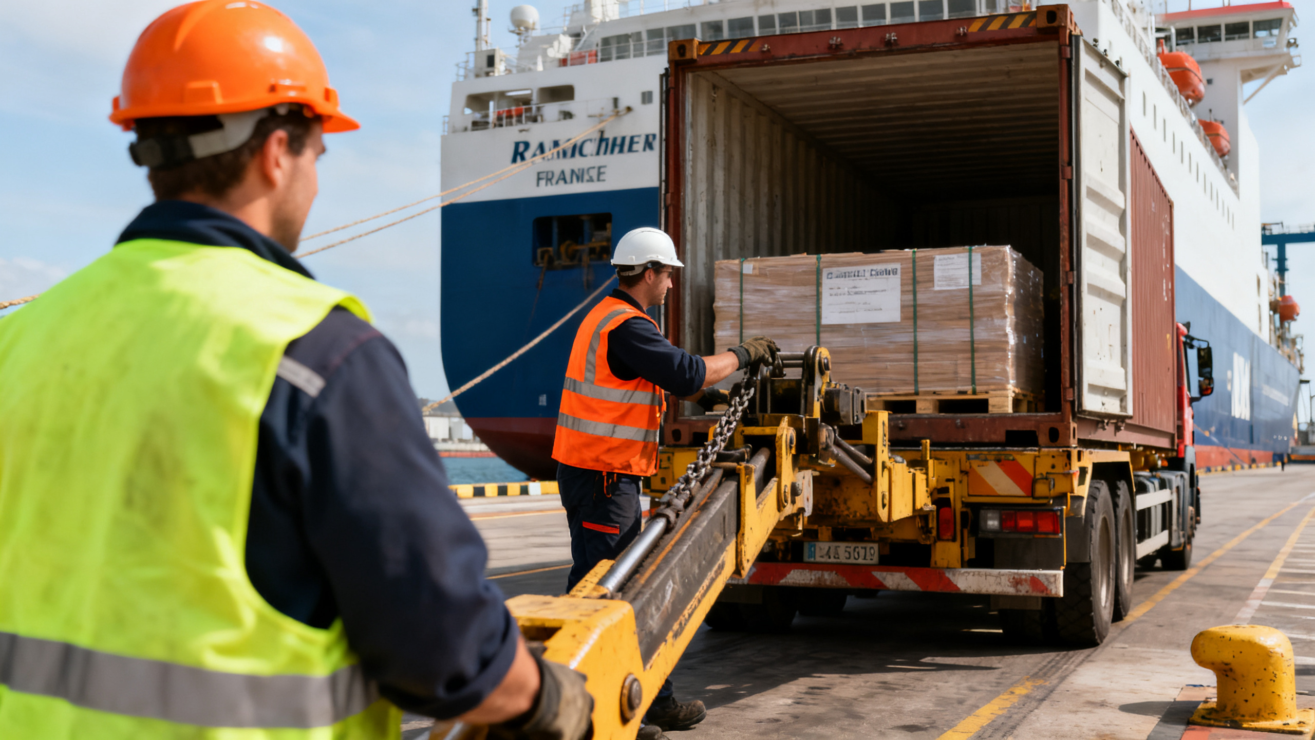 Travailleurs du port transmanche de Saint-Malo avec équipements de protection individuelle