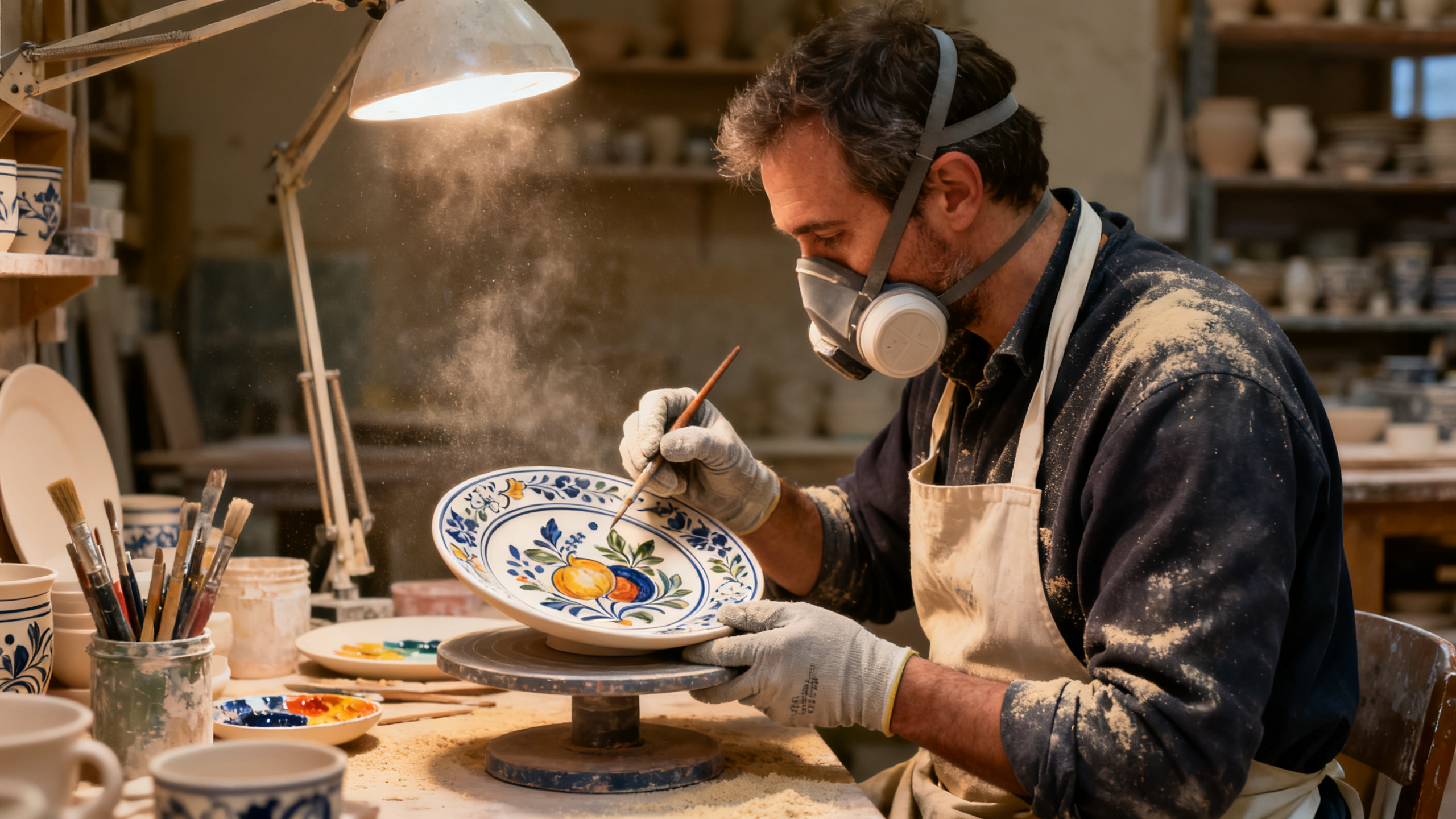 Artisans en atelier de faïence à Quimper avec équipements de protection contre la silice