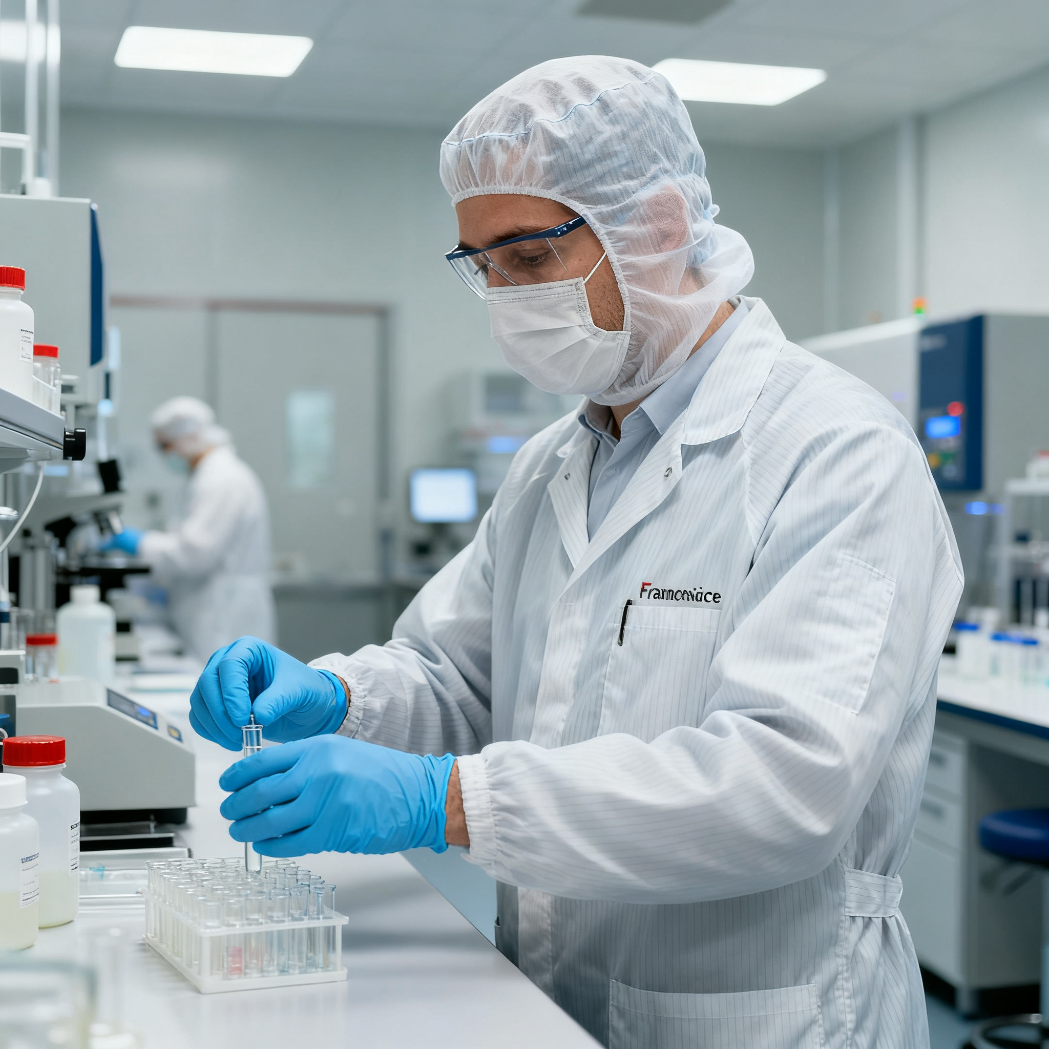 Travailleur en laboratoire pharmaceutique à Tours avec équipements de protection individuelle EPI