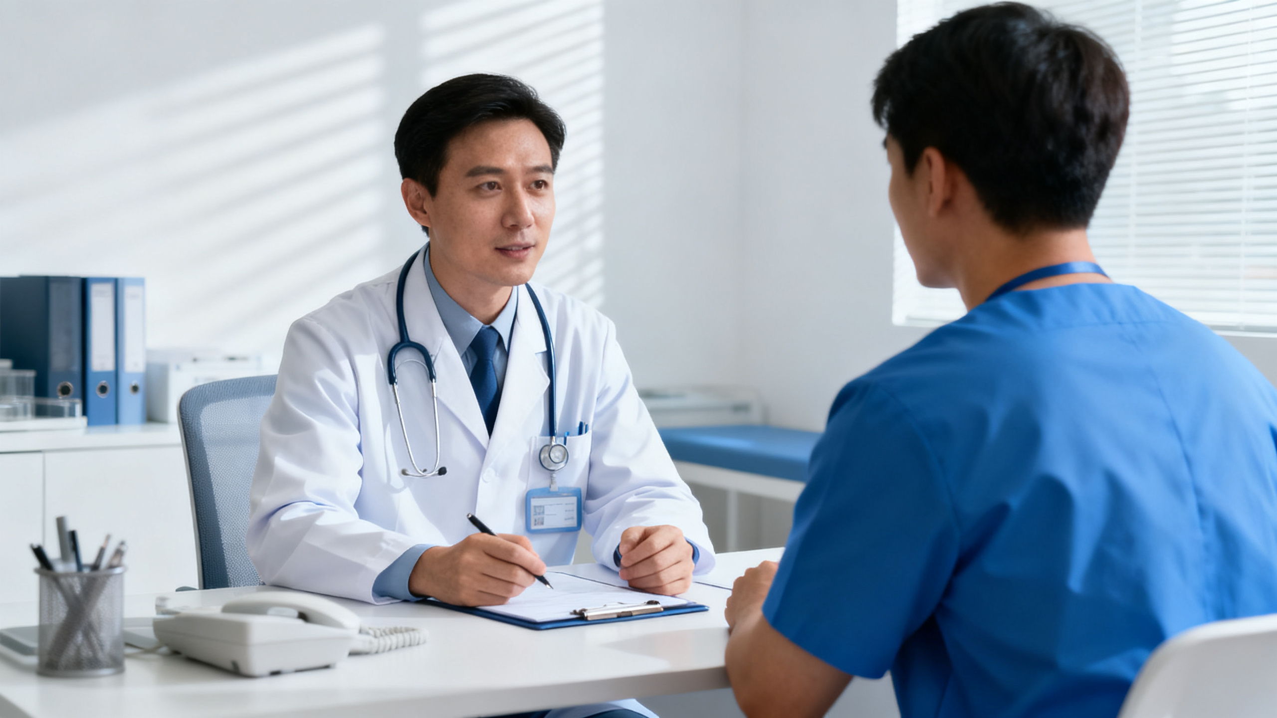 Médecin du travail en consultation avec un salarié dans un environnement médical sobre