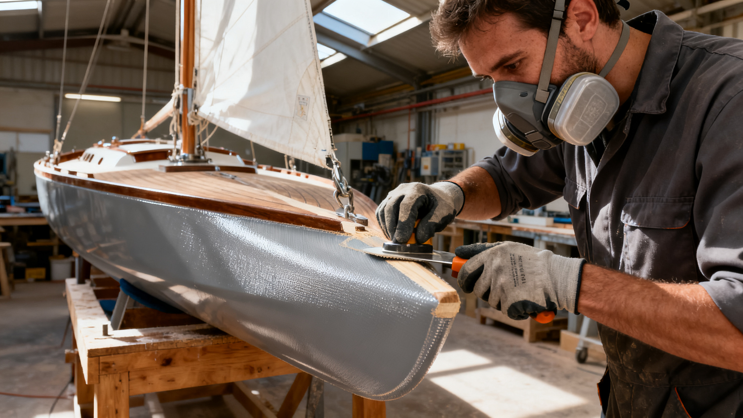 Chantier naval de plaisance à Vannes — travailleur avec équipements de protection contre les CMR