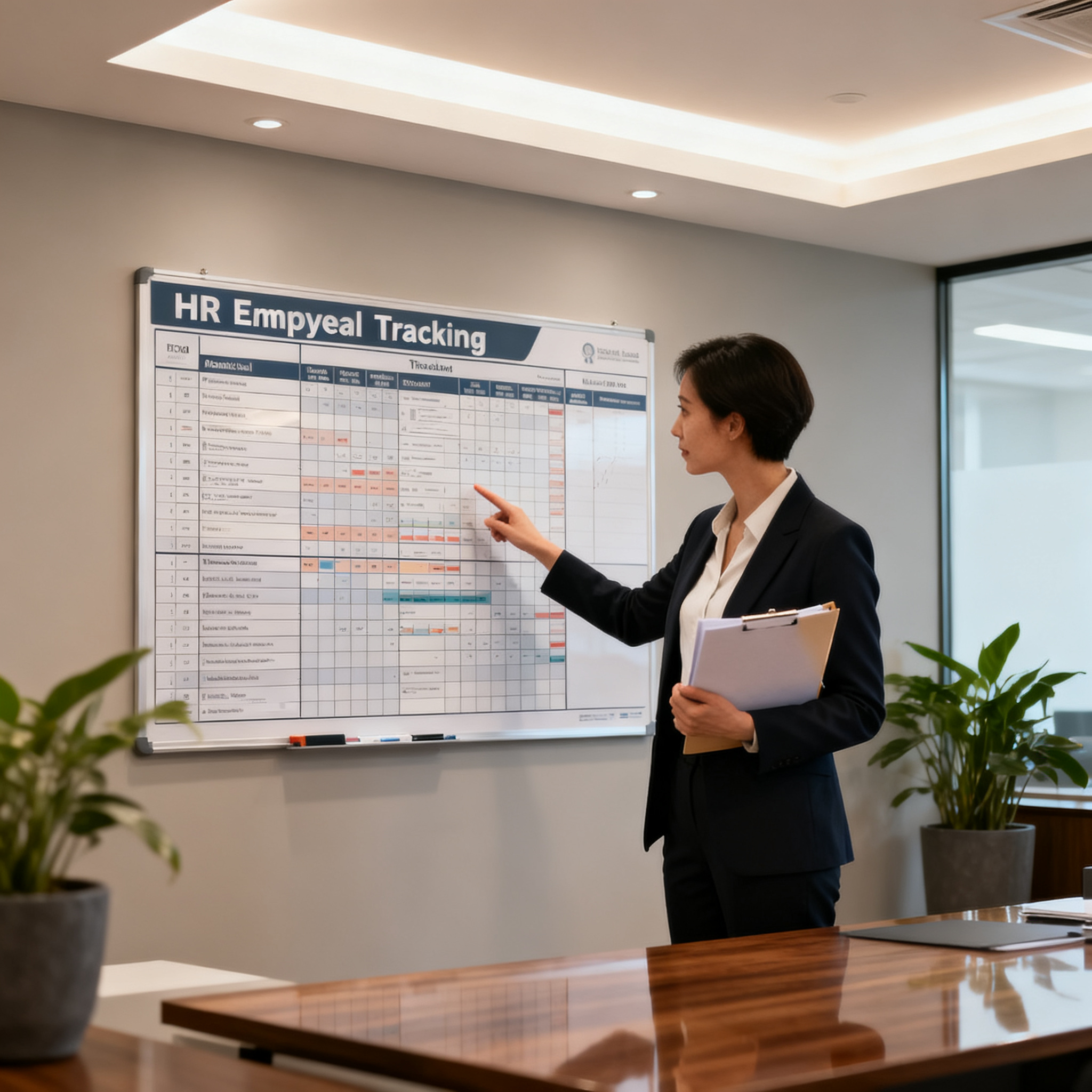 Responsable RH devant un tableau de suivi médical avec les fiches de ses employés