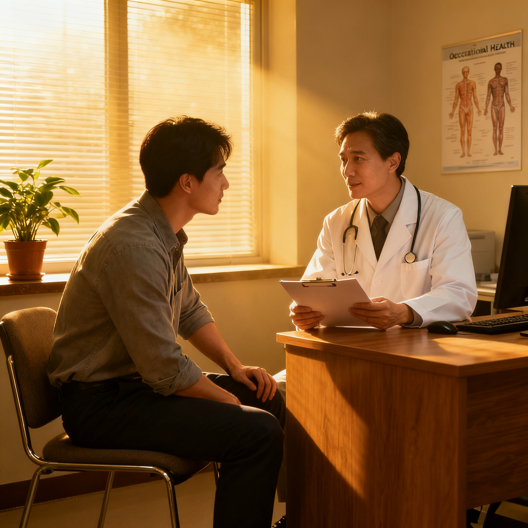 Salarié qui parle avec le médecin du travail dans un bureau médical bienveillant