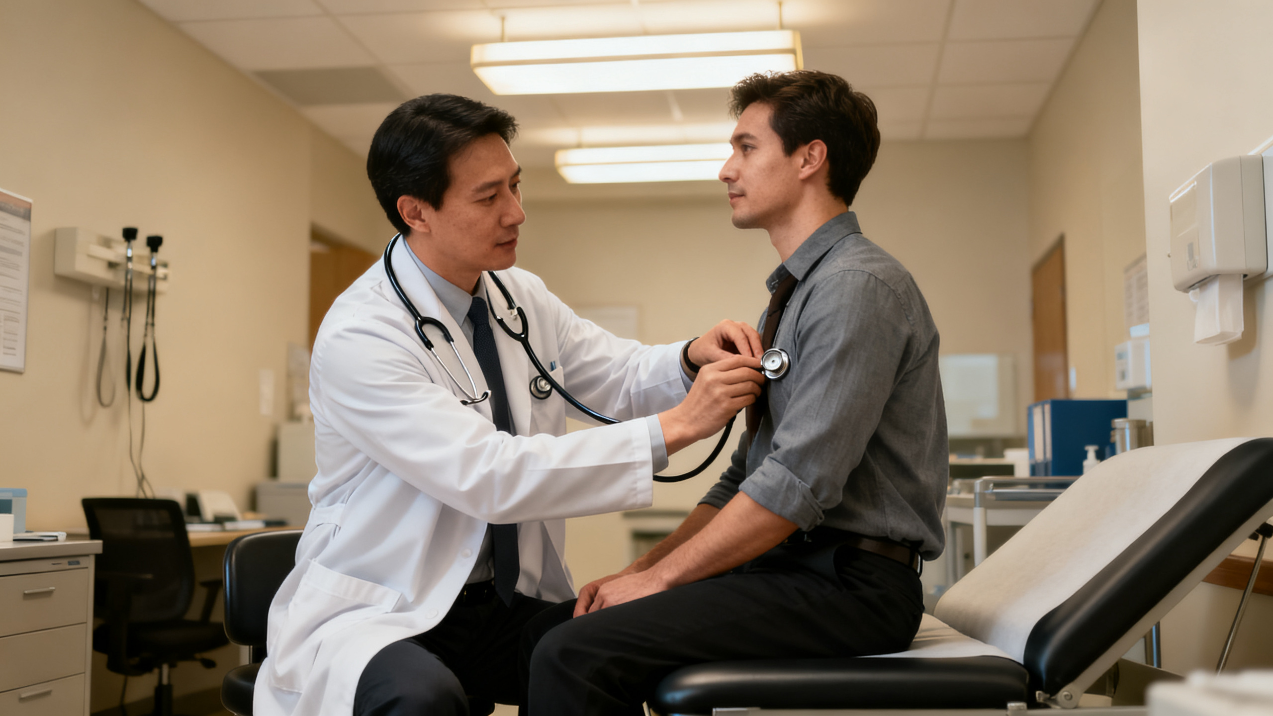 Médecin du travail en blouse blanche examinant un salarié dans un bureau médical