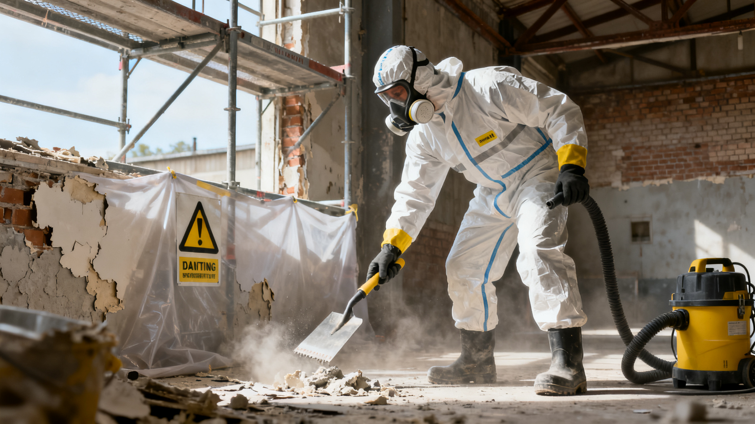 Travailleur en combinaison de protection EPI sur chantier de réhabilitation à Arras, risque amiante reconstruction