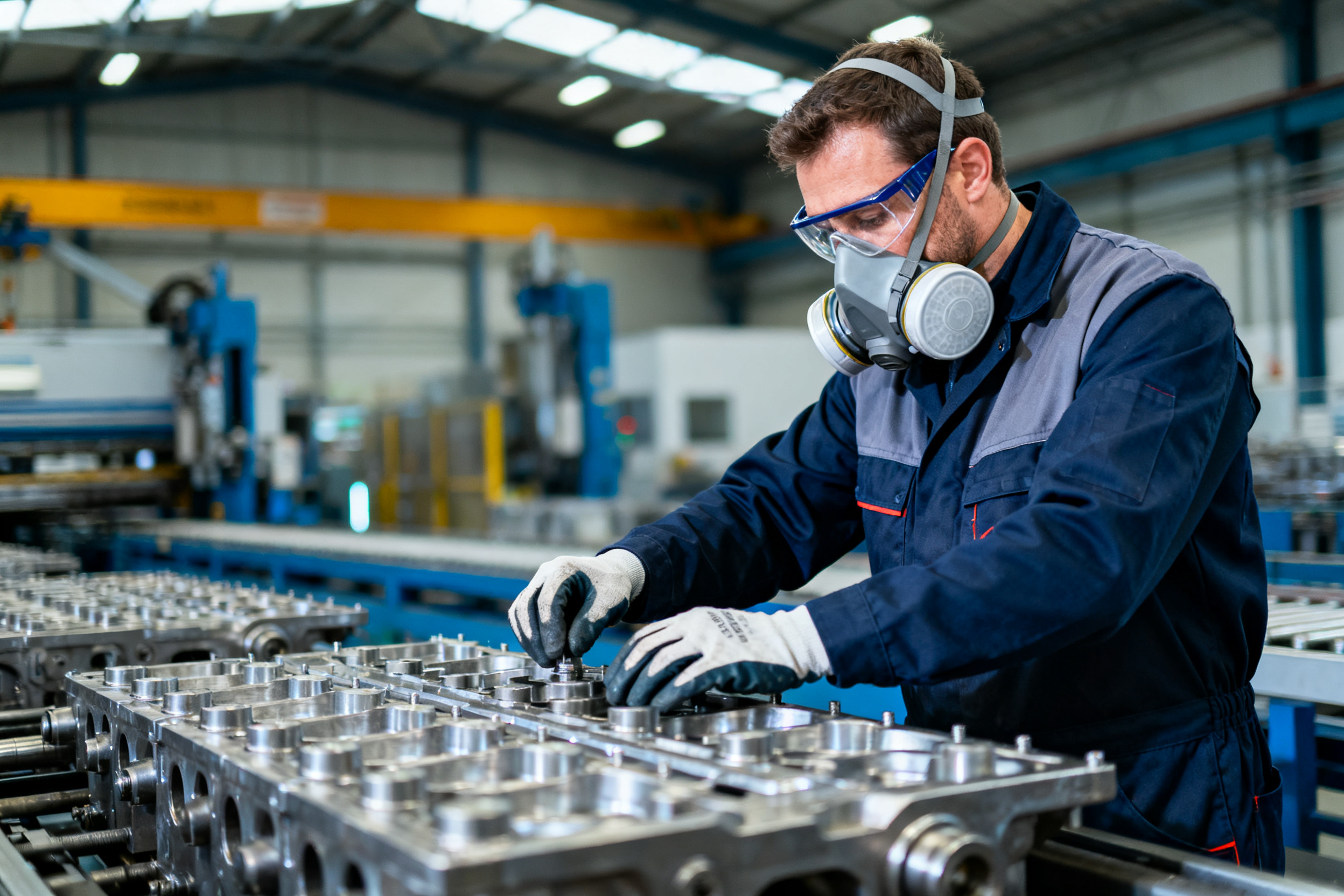 Ouvrier portant des EPI dans une usine industrielle à Clermont-Ferrand