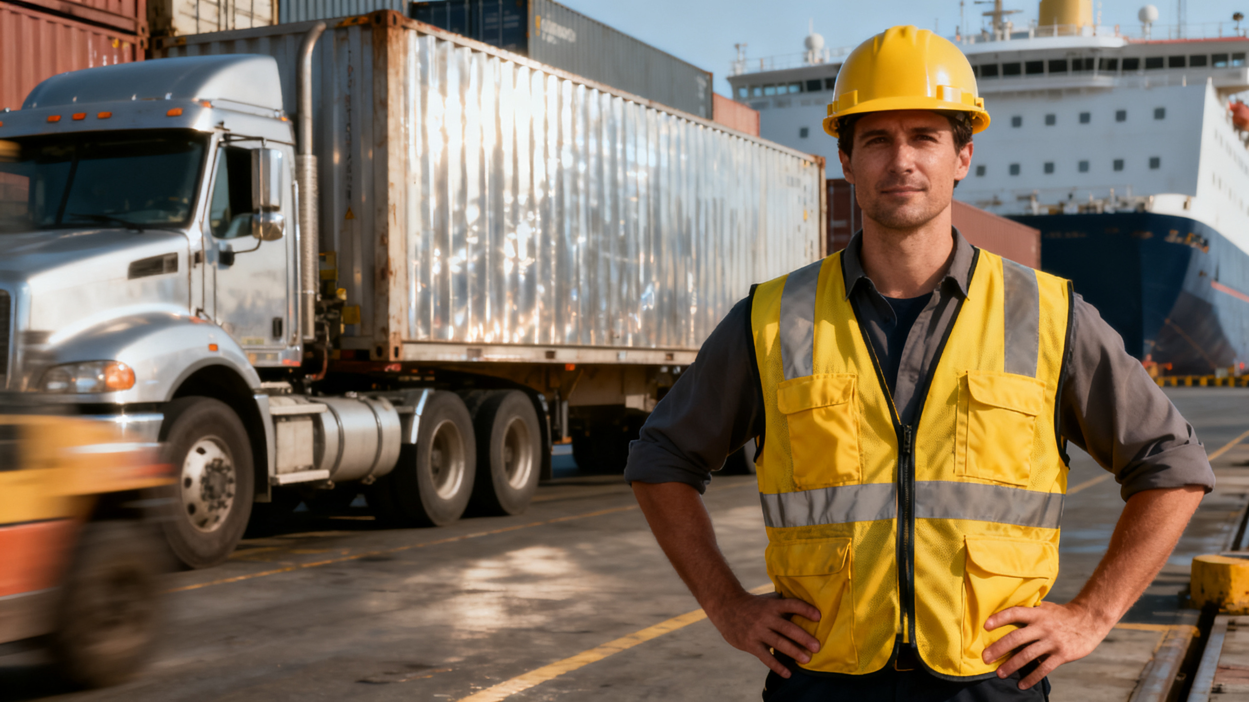 Ouvrier logistique port de Calais avec équipements de protection individuelle