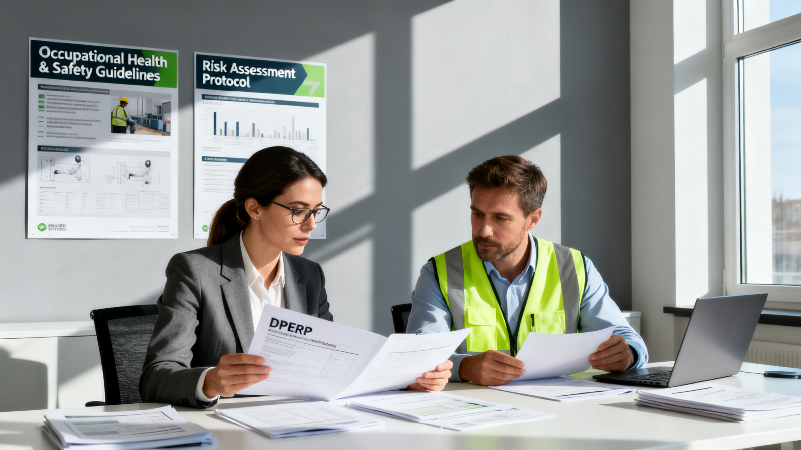 Responsable RH et spécialiste SST examinant un DUERP à Fougères (Ille-et-Vilaine)
