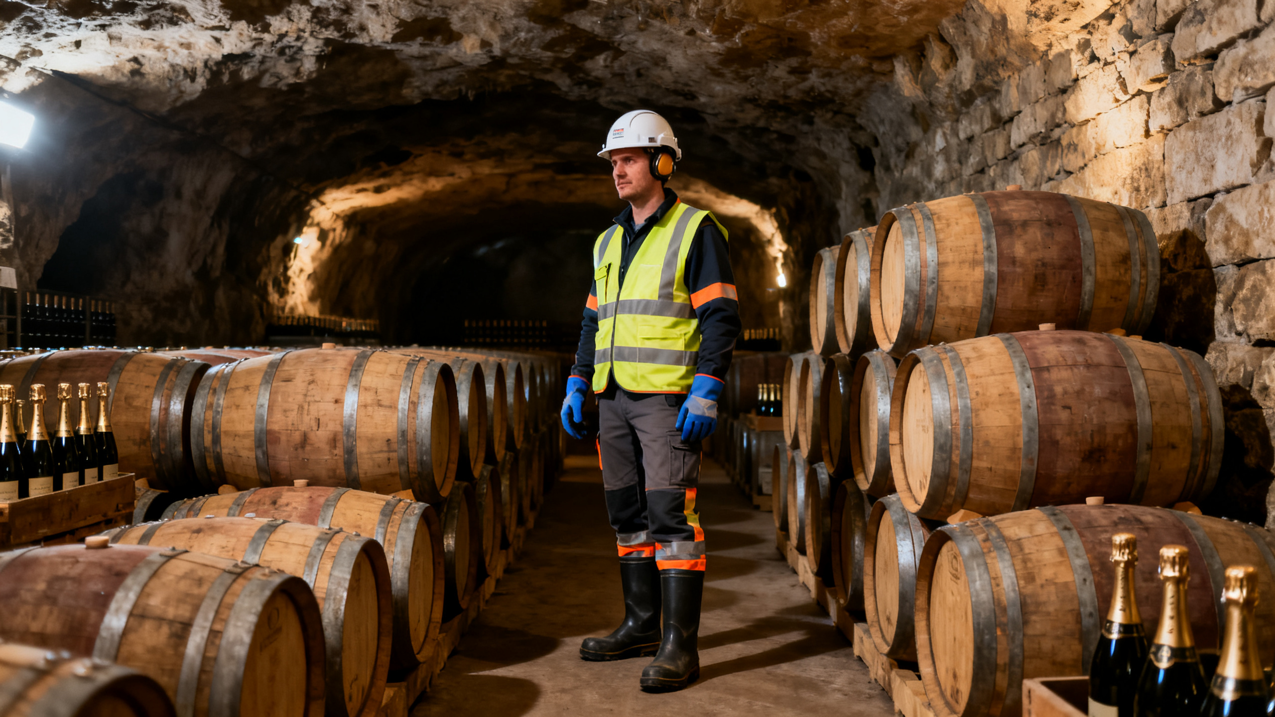 Cave champagne travailleur EPI prévention risques professionnels Reims