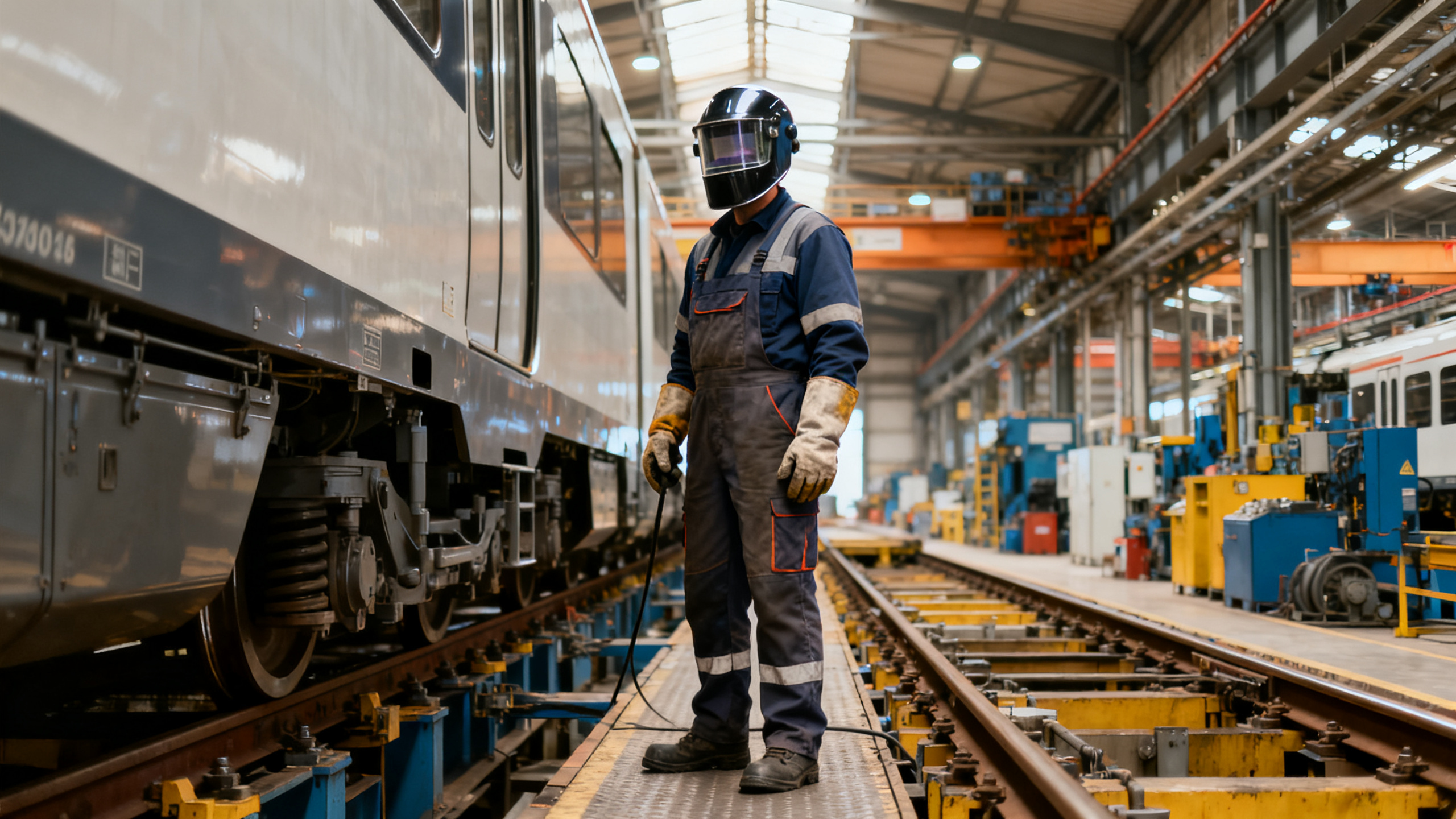 Ouvrier avec équipements de protection individuelle usine ferroviaire Valenciennes