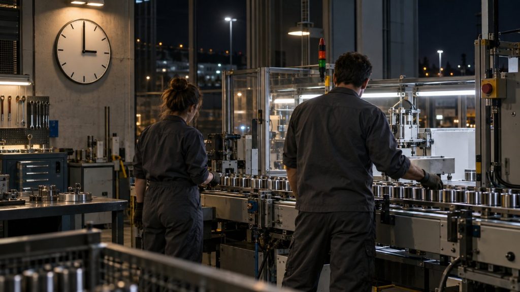 Opérateurs de nuit sur une ligne de production industrielle, horloge à 3 heures