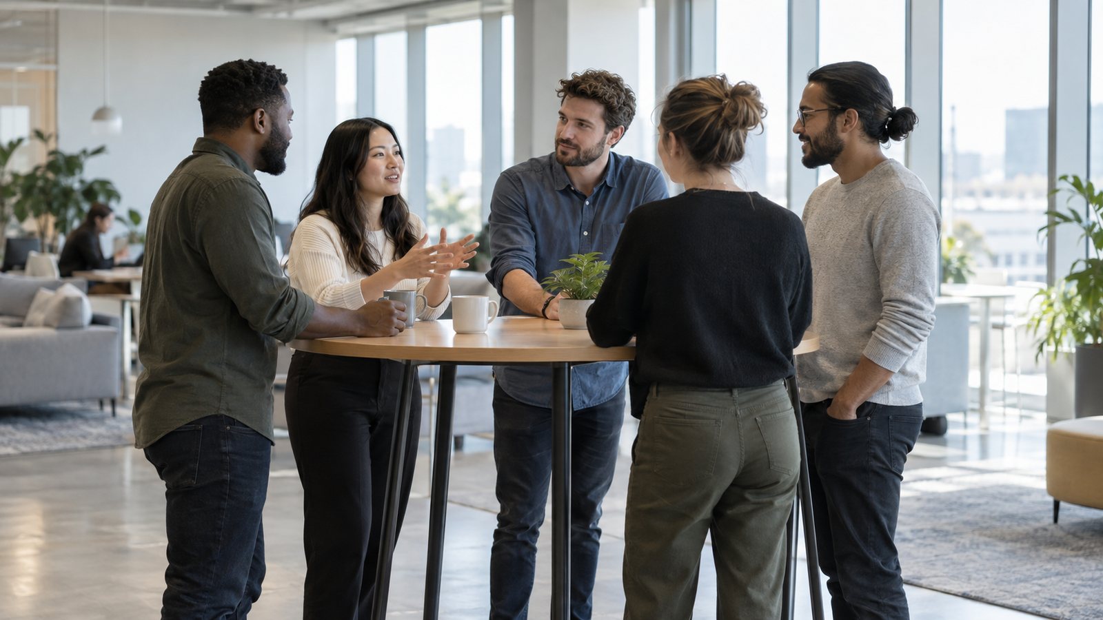 Équipe en réunion debout autour d'une table haute dans un open space moderne