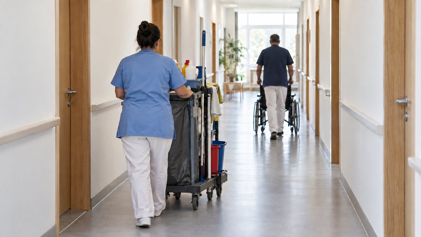 Couloir d’un établissement médico-social où une agente d’entretien pousse un chariot de ménage tandis qu’un collègue déplace un fauteuil roulant vide